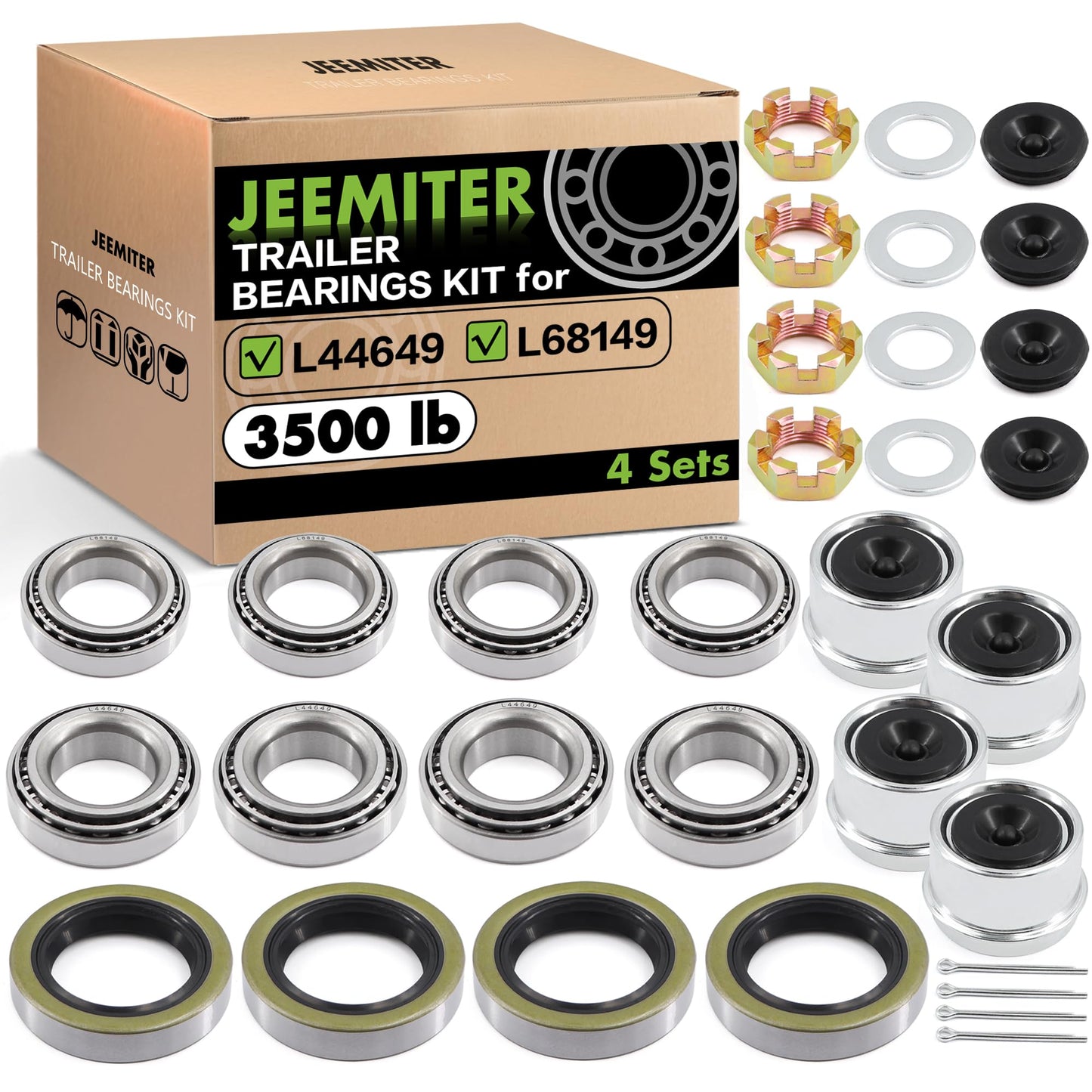 Jeemiter l44649 L68149 Trailer Bearing Kit, 3500LB Boat Trailer Axle Bearings Kits,Spindle Nuts, 1.98" Dust Covers and Rubber Plugs, Cotter Pins,Washers for #84 Spindle - 4 Sets