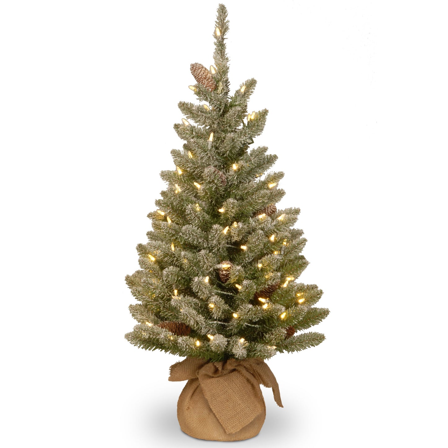 National Tree Company 3 ft Pre-Lit Mini Flocked Artificial Christmas Tree, Pinecones, 50 Clear LED Lights, Timer, 130 Tips, Burlap Base, Green