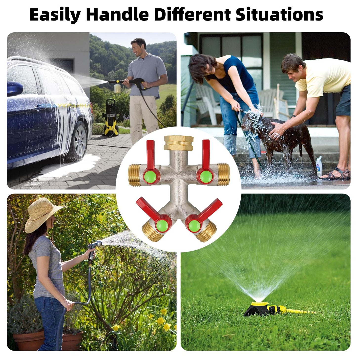 DINGBAI 4 Way Hose Splitter. High Flow, 3/4” GHT Inlet Brass Heavy Duty Hose Converter, 4 Way Garden Hose Splitters, Long Handle Hose Y-Valve Faucet Converter with Threaded Pipe Swivel.