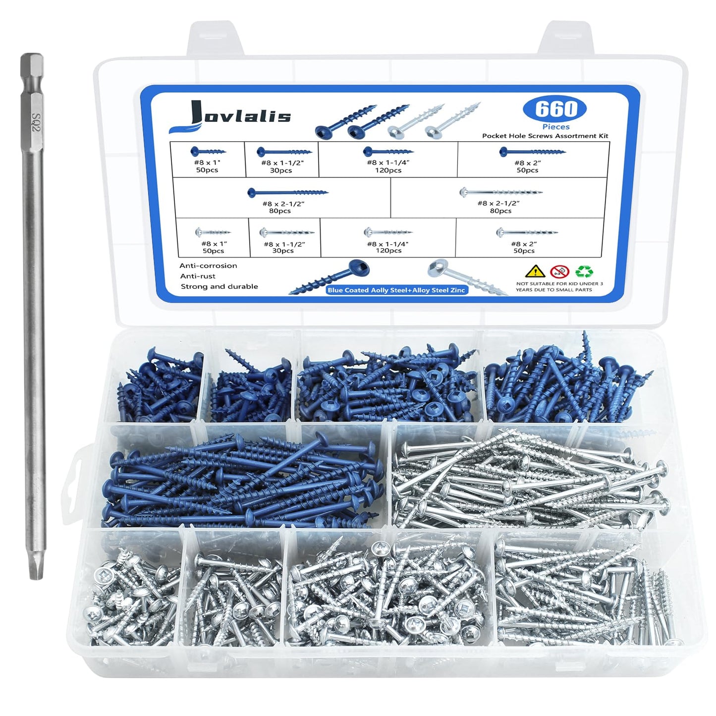 660PCS Pocket Hole Screws Assortment Kit, 5 Sizes #8 x 1", 1-1/4", 1-1/2", 2", 2-1/2",Square Drive Self Tapping Coarse Thread Wood Screws Set, Blue Coated and Zinc Coated, Drive Bit Included