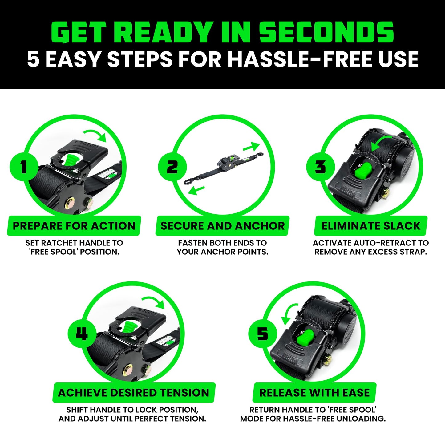 Rhino USA Retractable Ratchet Straps (2-Pack) - 1 Inch x 10 Feet (1,209lb Break Strength) - Auto Self Retracting Tie Down Straps for Truck, Cargo Trailer, Motorcycle, Rad & More - Black