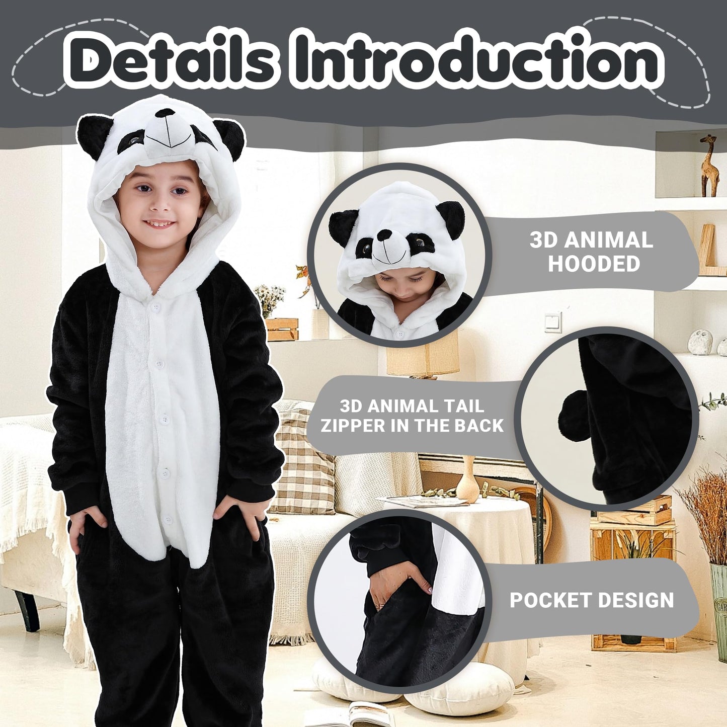 MICHLEY Animal Hooded Romper Kids Flannel Halloween Cosplay Costume 3-12T for Autumn Winter, Panda, 9-10T, Size130