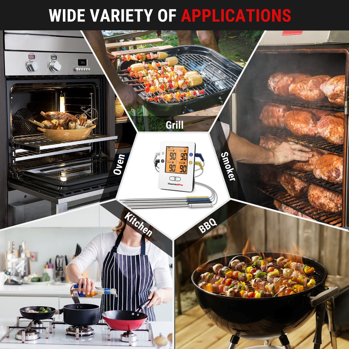 ThermoPro TP25 650 ft Bluetooth Meat Thermometer with 4 Probes, Smart Rechargeable Wireless Meat Thermometer for Grilling, Smoker, Oven, Kitchen, BBQ Thermometer with Alarm, Temperature Graph