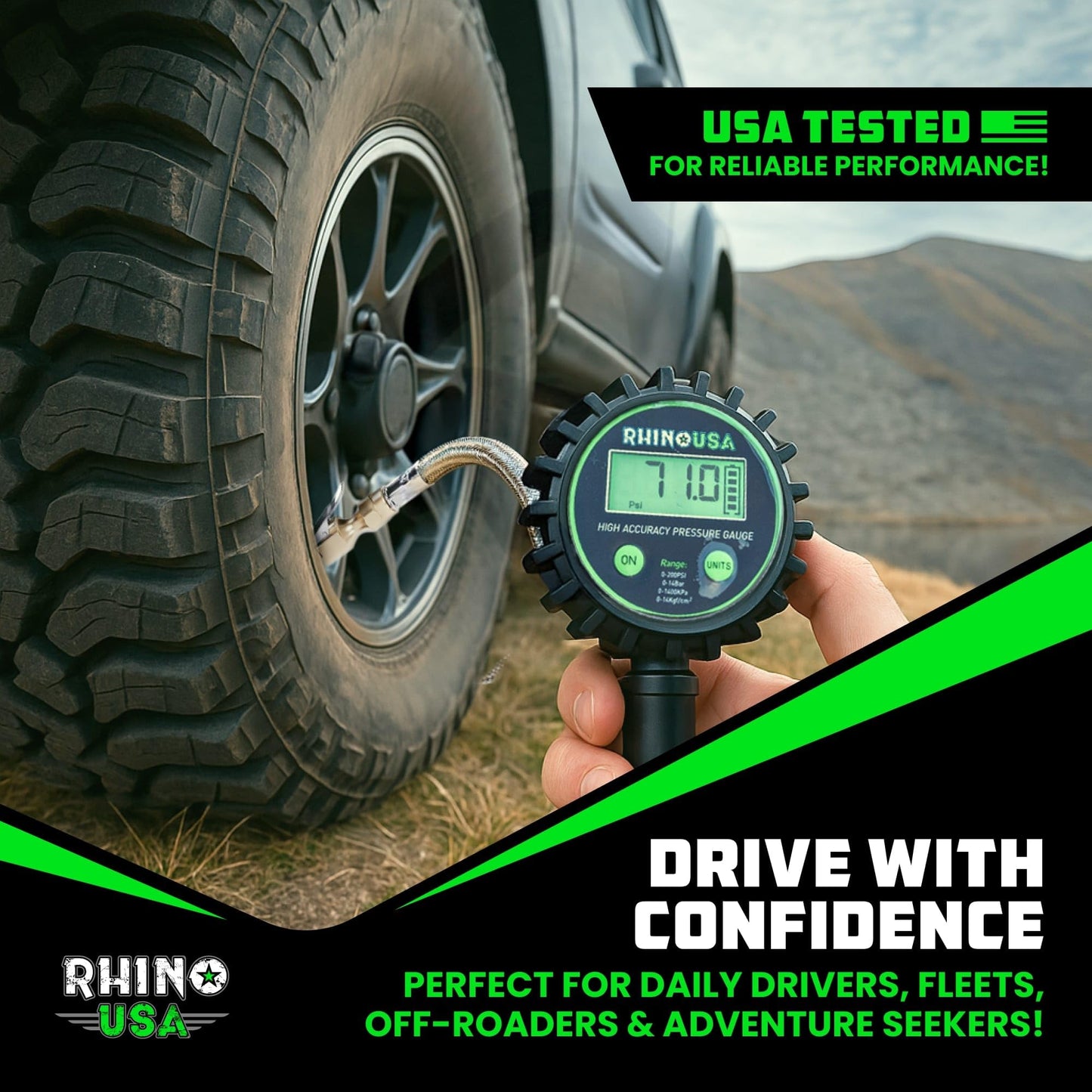 Rhino USA Digital Tire Pressure Gauge with Inflator (0-200 PSI) - Heavy Duty Air Chuck and Compressor Accessories with Stainless Braided Hose, Large 2" Dial and Solid Brass Hardware for Truck and RV