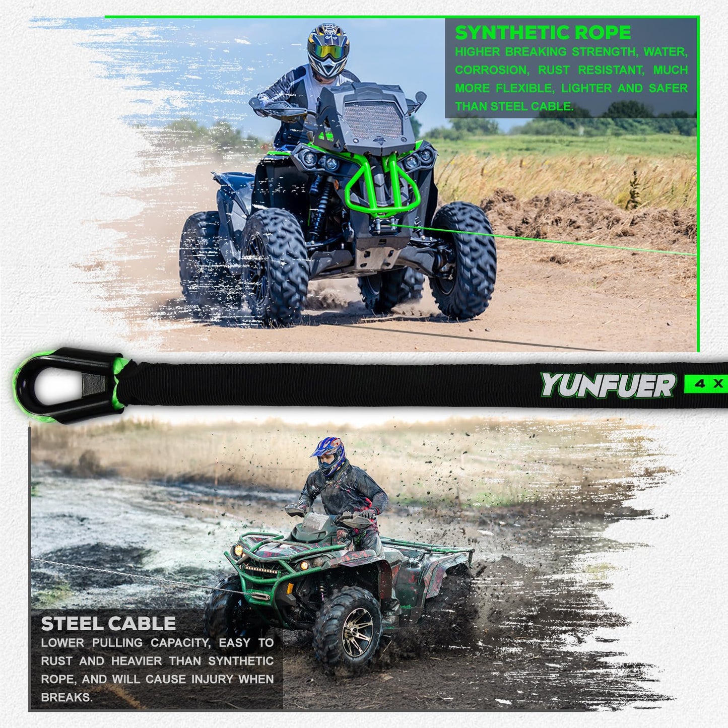 YUNFUER Synthetic Winch Rope Cable Kit, 1/4" x 50ft 10000LBS Green Winch Rope with Protective Sleeve, Forged Winch Hook, Rubber Stopper and Safety Pull Strap for ATV UTV (Green)