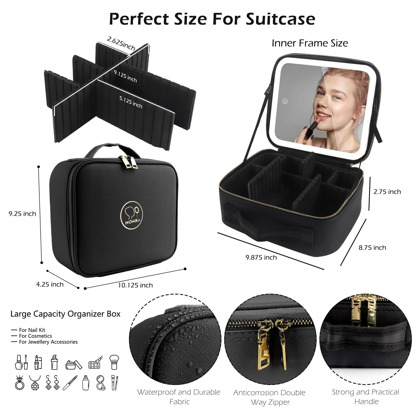 MOMIRA Travel Makeup Bag Cosmetic Bag Makeup Organizer Bag with Lighted Mirror, Adjustable Brightness in 3 Color Scenarios, Waterproof Makeup Train Case, Gift for Women - Black