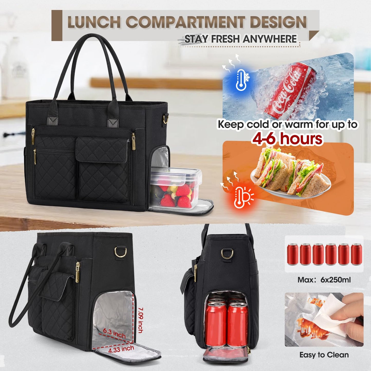 RAINSMORE Teacher Tote Bag with Insulated Lunch Compartment 15.6 inch Laptop Bag for Women Large Work Bags Nurse Bags Professional Briefcase Computer Handbag for Office, College, Nursing, Black