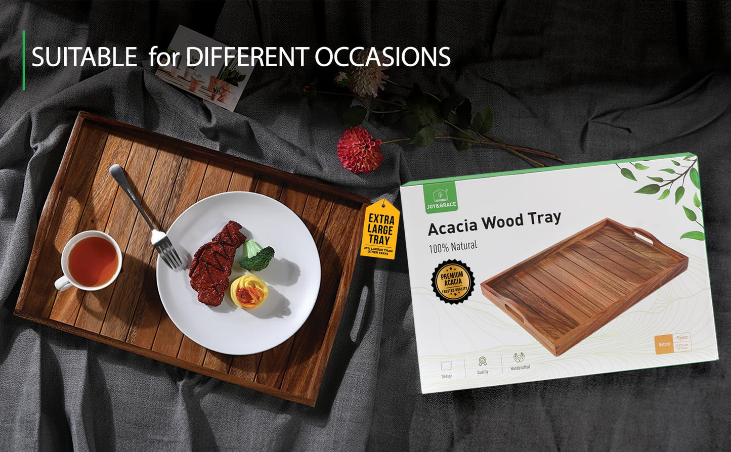 Large Acacia Wooden Serving Tray with Handles 50.5 x 35.3 cm Decorative Coffee Table Ottoman Tray for Living Room Extra Large for Dinner Food Bar Breakfast in Bed (Natural)