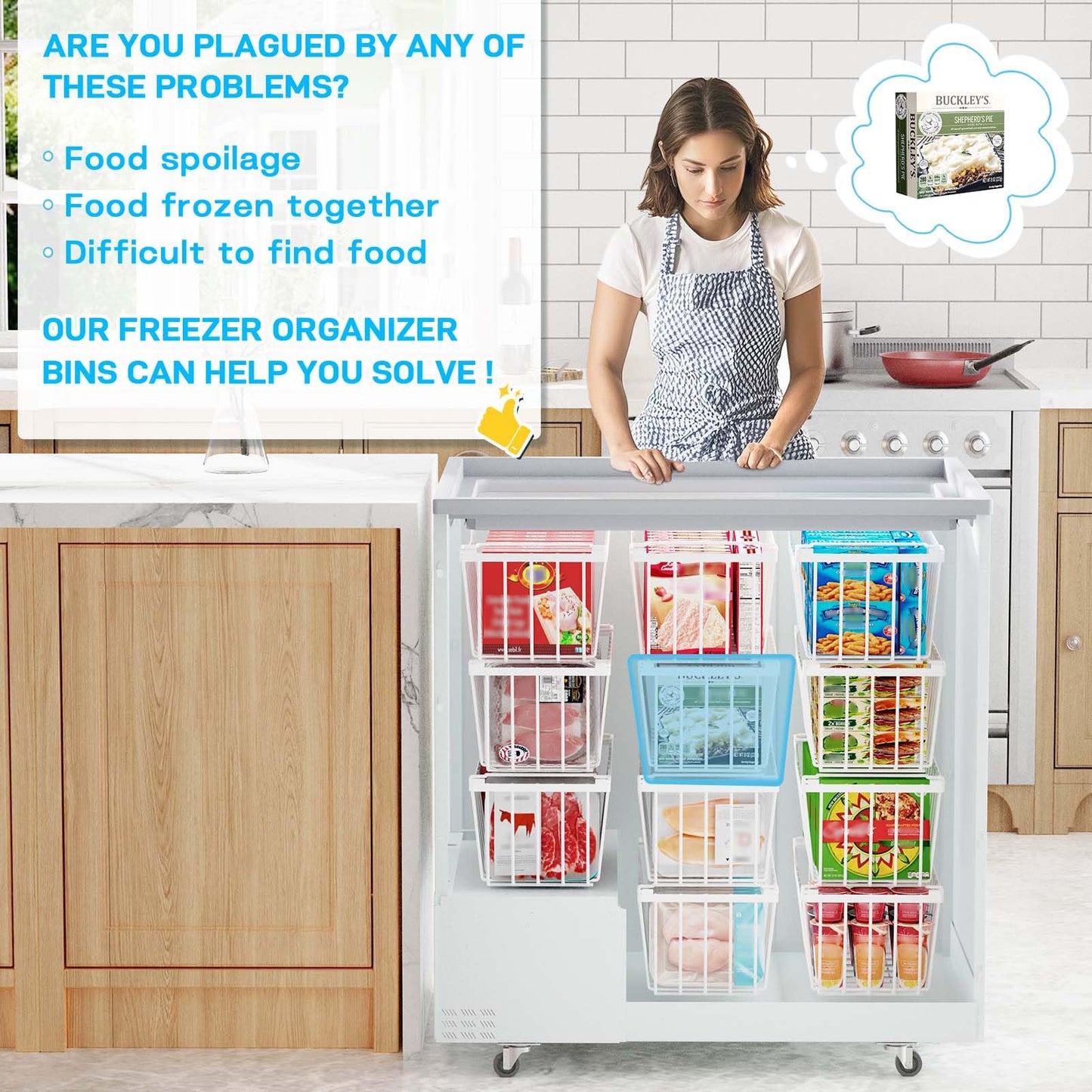 SUNALLY Freezer Organizer Bins, 8 Pack Chest Freezer Organizer Stackable for 5-7 Cu.FT Deep Freezer Sort Frozen Meats and Food, Freezer Storage Baskets with Handles Easy Reach from Bottom, White