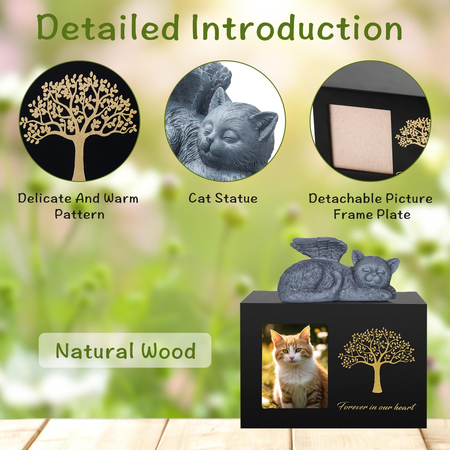 DiDiBirDi Pet Urns for Cats, Tree Pattern Wooden Keepsake with Photo Frame, Pet Ashes Keepsake Memory Box with Resin Animal Statue and Sealed Storage Bags (75lbs)(Black)