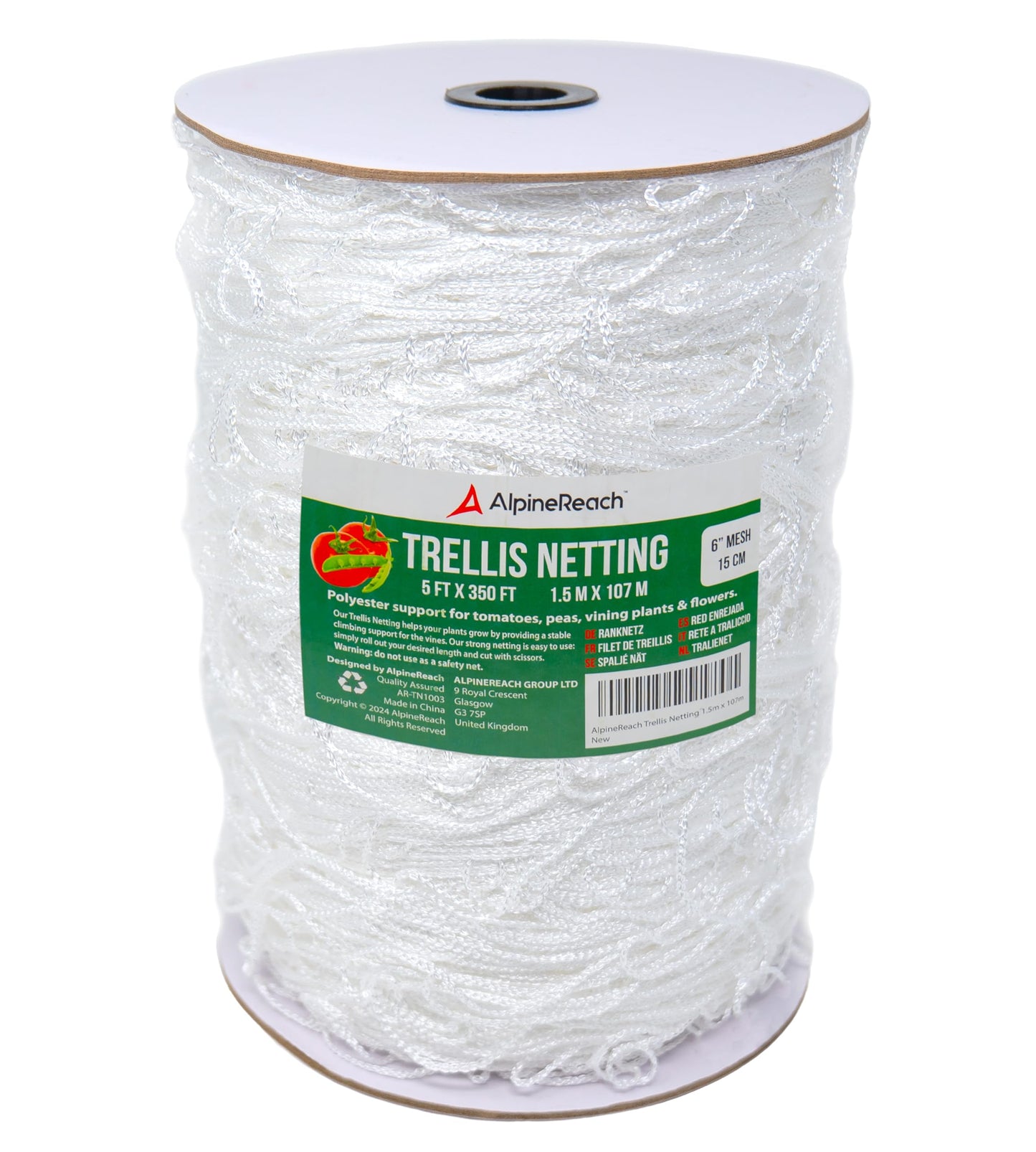 AlpineReach Trellis Netting 1.5m x 107m (5 x 350 ft) Heavy Duty Polyester White - 6 Inch Mesh Support Twine for Growing High Yield Tomatoes, Peas, Vine Climbing Plants Fruits Vegetables