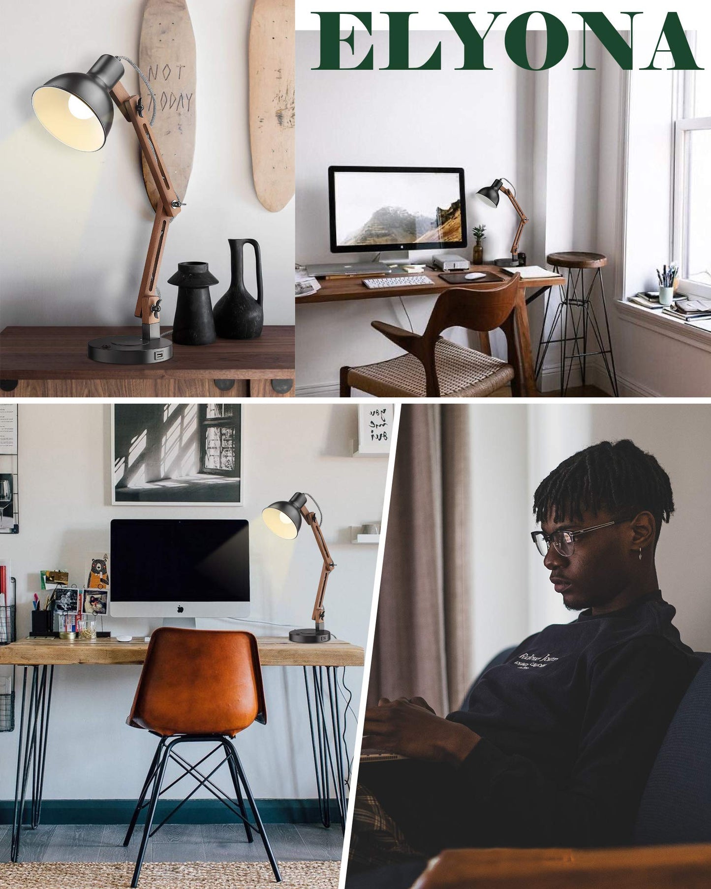 ELYONA Modern LED Desk Lamp with Upgraded Wireless Charger & USB C Charging Port Sapele Wood Table Lamp Swing Arm Bedside Reading Task Light for Dorm Office Bedroom Living Room Bulb Included Black