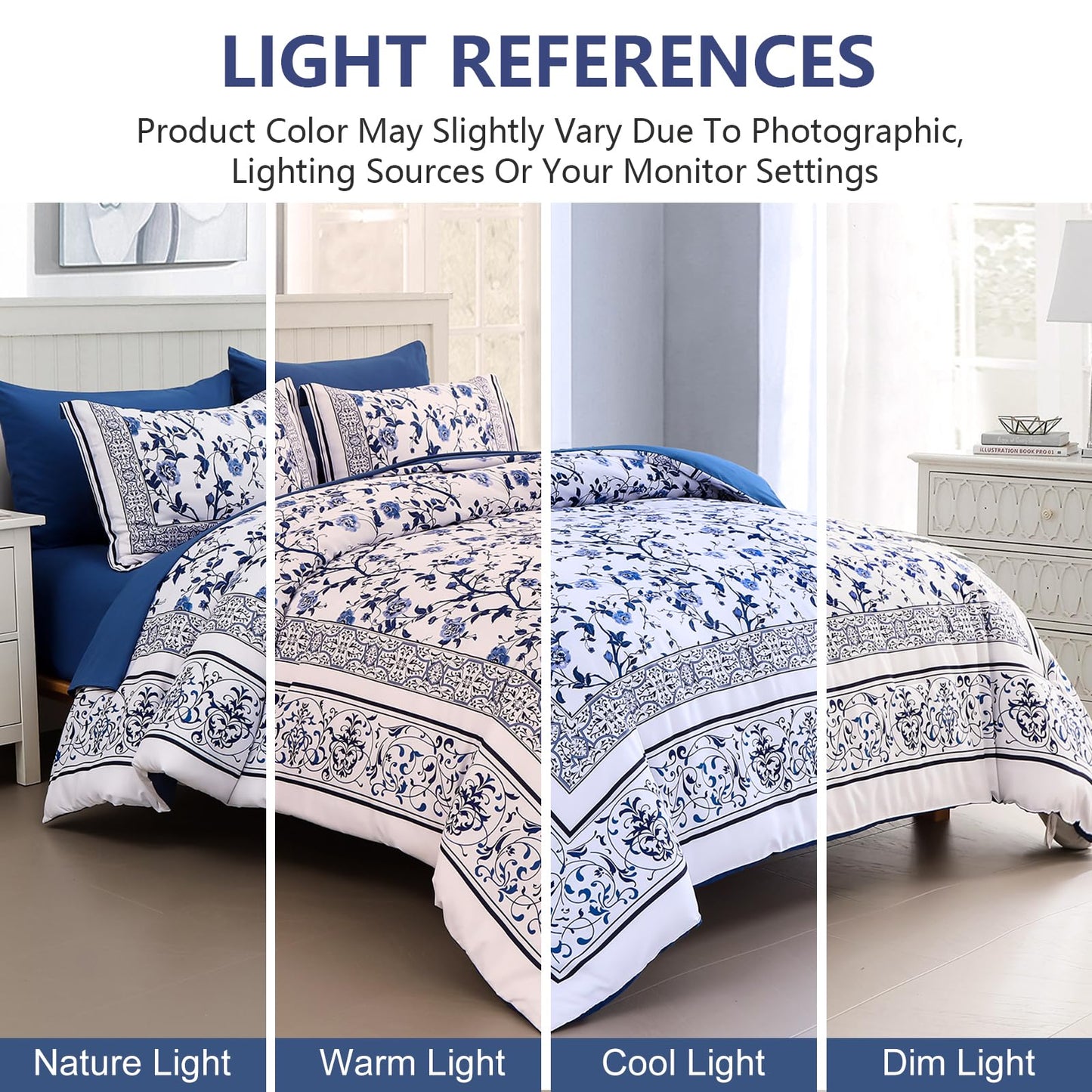 Floral Queen Comforter Set, 7 Piece Bed in a Bag Queen Size Blue Flowers on White Botanical Bedding Set, Soft Microfiber Bedding Comforter Sets with Sheets for All Season