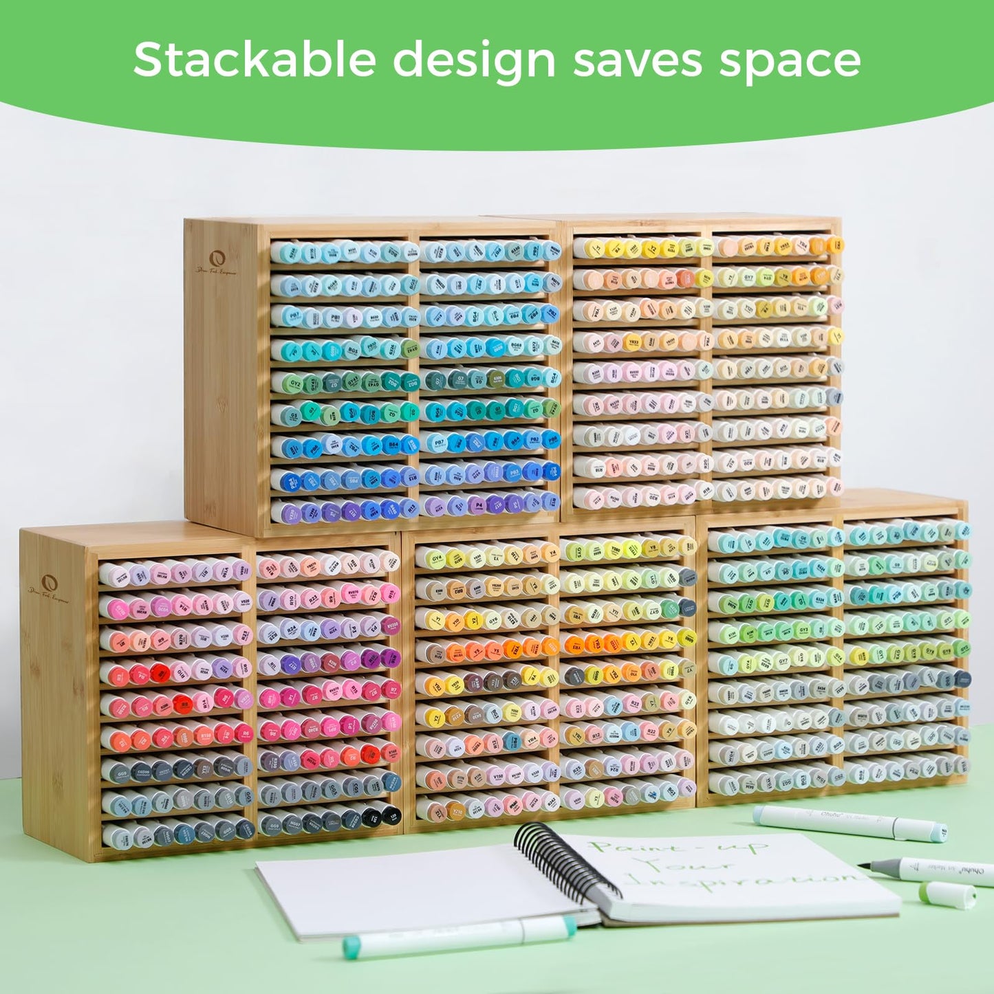 Ohuhu Bamboo Marker Organizer, Wooden Desktop Storage Hold 126 Markers, Markers Pens Pencils Art Brushes Stationary Organizer Pencil Holder with 18 Compartments