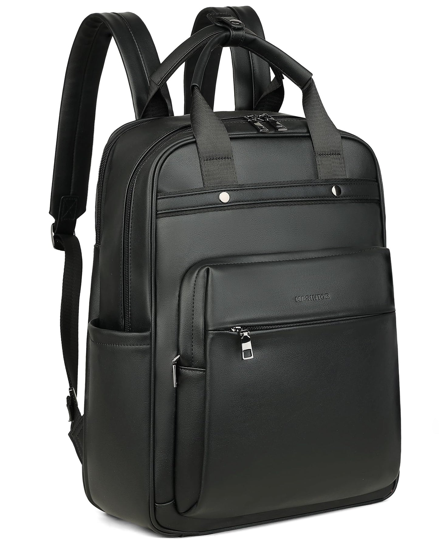 MASINTOR Leather Laptop Backpack for Women, Stylish Computer Backpack College Business Work Shoulder Bags Work and Travel Black