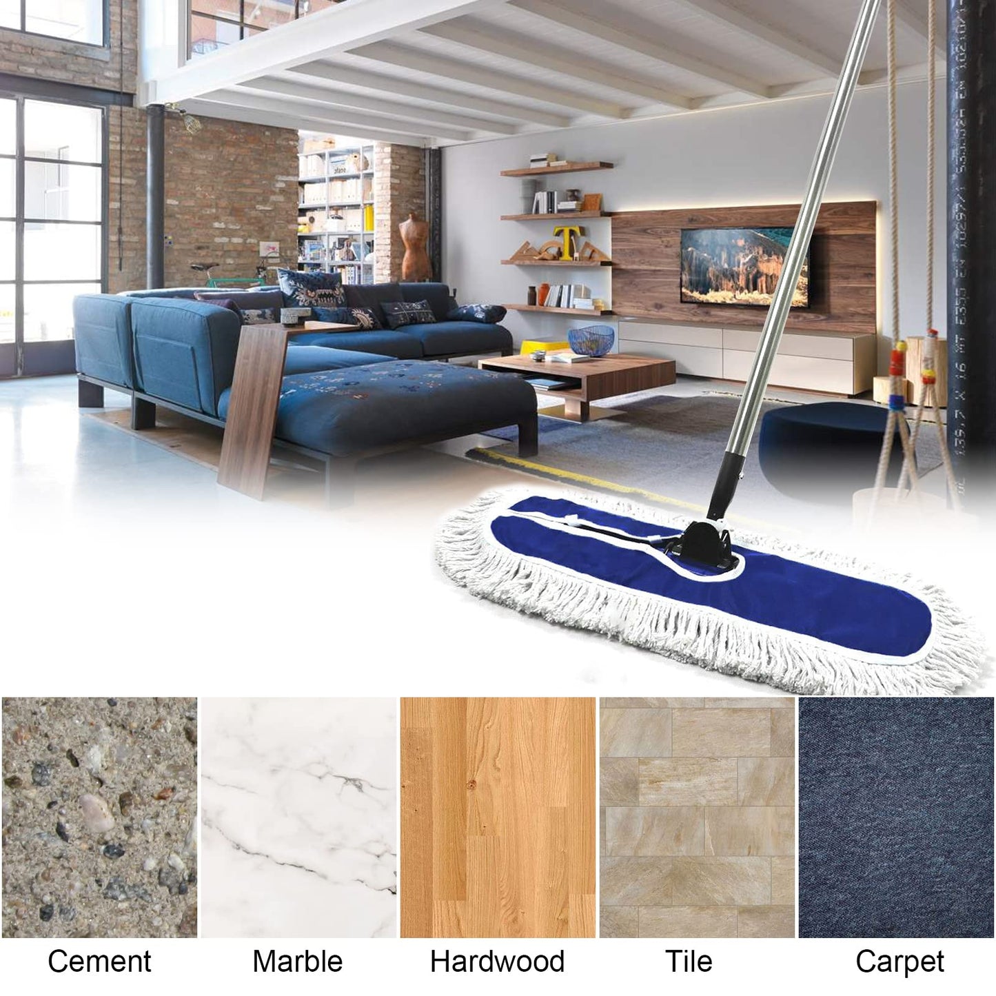 EOEXN 24" 3 Pack Industrial Strength Cotton Dry Dust Mop Head Refill for Hardwood, Ceramic, Marble, Tile; Fits 24 Inch Frame