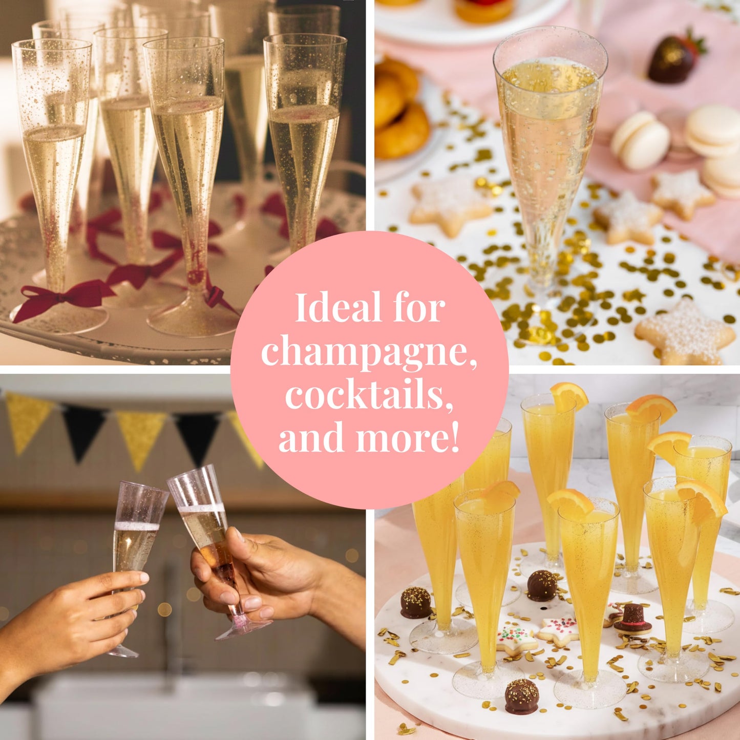 Prestee 24 Piece Plastic Champagne Flutes - 4.5 oz Plastic Wine Glasses with Rose Gold Glitter - Cocktail Glasses for Parties - Party Supplies for Mimosa Bar, Wedding, Shower Party and New Years Eve