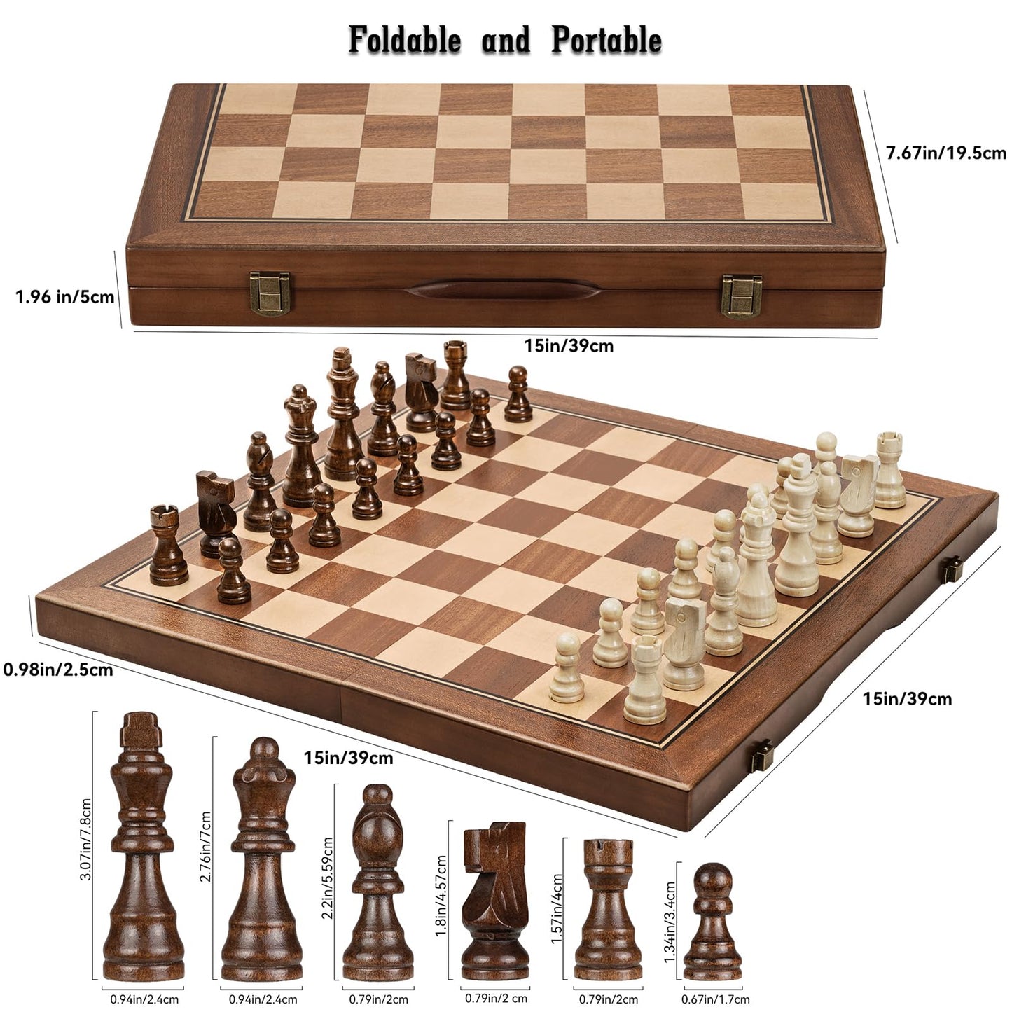 FREYBLI Magnetic Wooden Chess Board Set for Adults Kids, Handcrafted 15 Inch Chess and Checkers Set, Folding Portable Travel Unique Chess Game for Tournament Professional Beginner, 2 Extra Queens