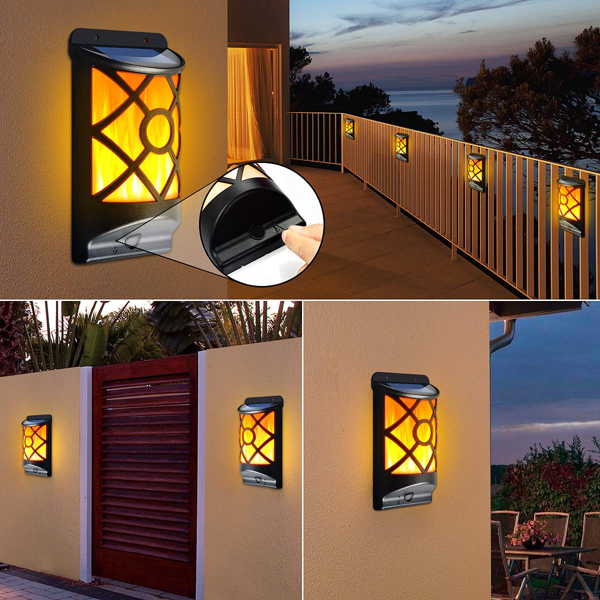 LazyBuddy Solar Wall Lights Outdoor - 66 LED Flickering Flame Wall Mount Lanterns, IP65 Waterproof Auto On/Off, Fire Effect Halloween Decoration Lighting for Garden, Fence, Patio, Deck (6 Pack)