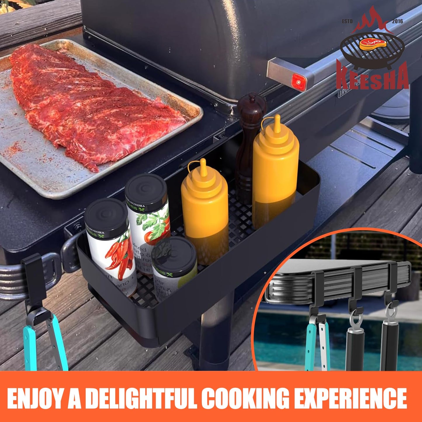 KEESHA P.A.L. Pop-and-Lock Accessory Rail Storage Box and Hooks for Traeger Timberline, Timberline XL,Ironwood, Ironwood XL, Flatrock, Traeger Z-Grills Pit boss, Ironwood 885 and Pro 22/34 Series