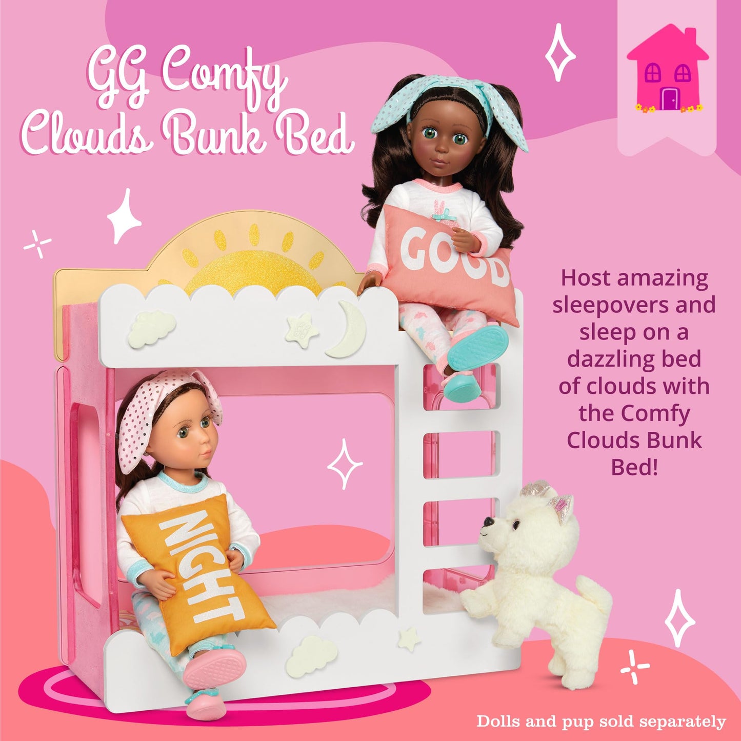 Glitter Girls – 14-Inch Doll Accessories – Comfy Clouds Bunk Bed – Doll House Furniture & Accessories – Beds, Pillows, & Blankets – Glowi in The Dark Decals – 3+ Years