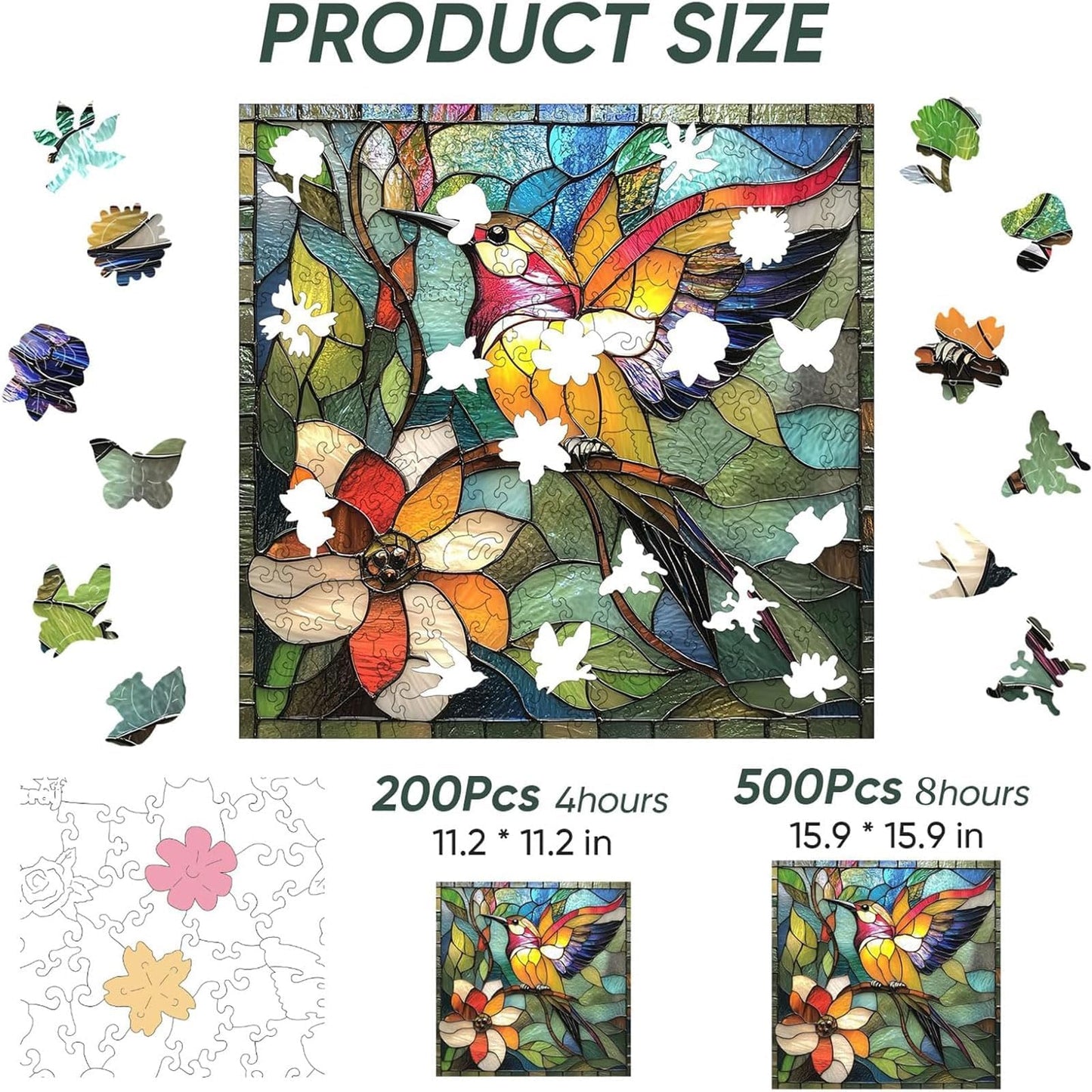 Qiuenisray Wooden Puzzle for Adults, 200 Pieces Hummingbird & Flower Jigsaw, Unique Shaped Pieces, Home Decor & Gift for Family and Bird Puzzle Lovers, 12.2 x 12.2 Inch