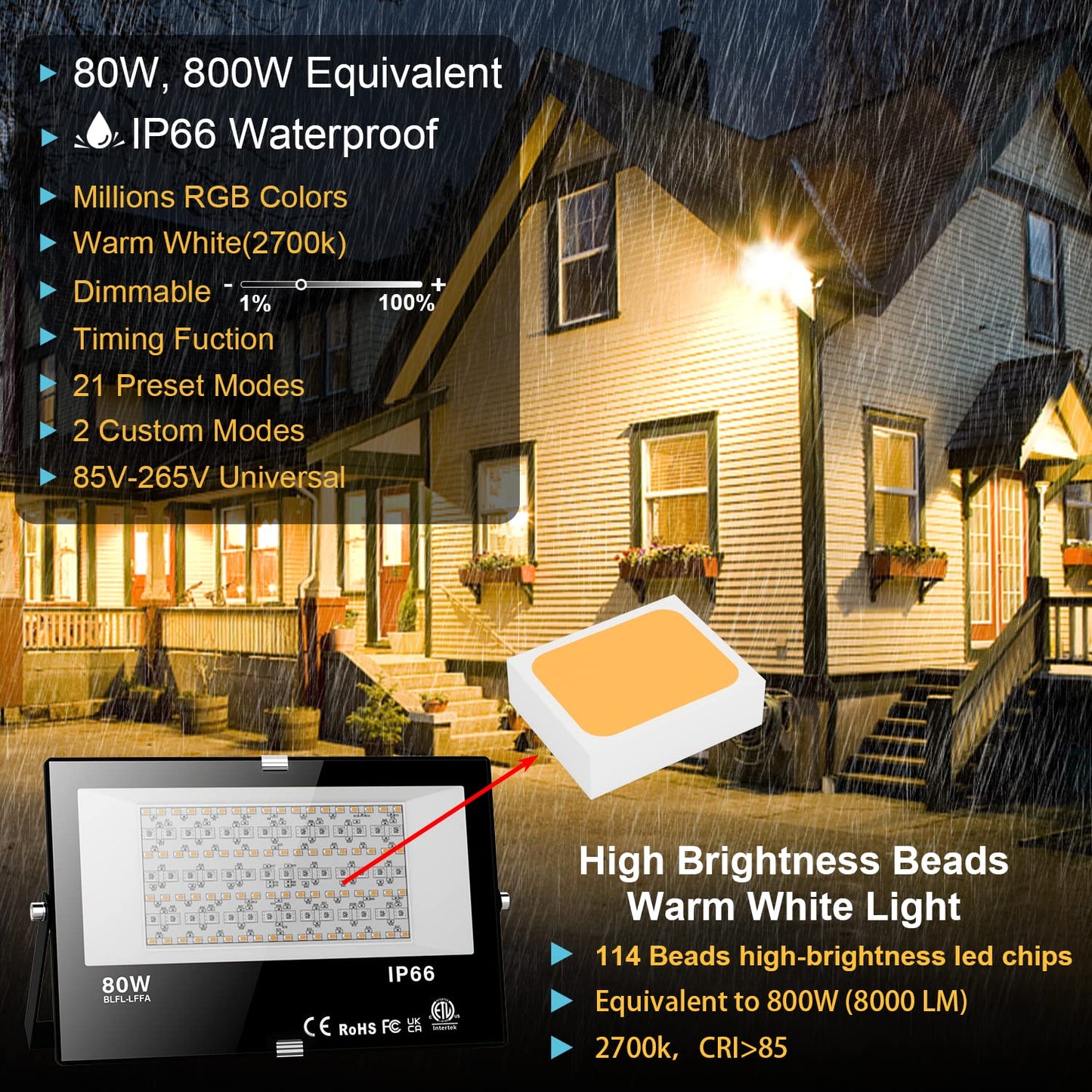 LED Flood Light Outdoor 800W Equivalent, Bluetooth Smart Color Change Landscape Lighting, DIY-Scene+RGB Colors+Warm White 2700K -APP & Group Control & Timing, IP66 Waterproof US 3-Plug Up Light 4Pack
