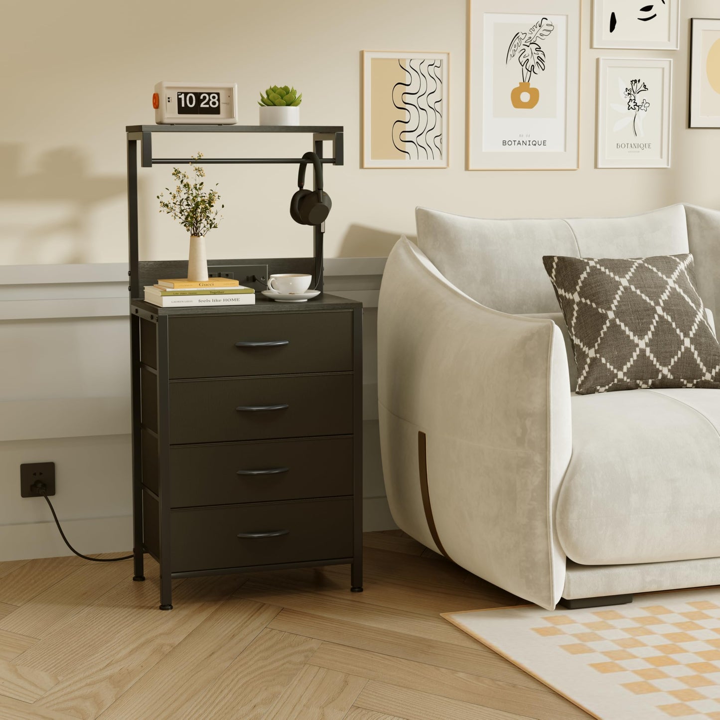 SJAVX Night Stand with Charging Station, End Table with LED Light, Small Bedside Table with Wood Shelf, 4 Fabric Drawers Side Table for Bedroom, Black