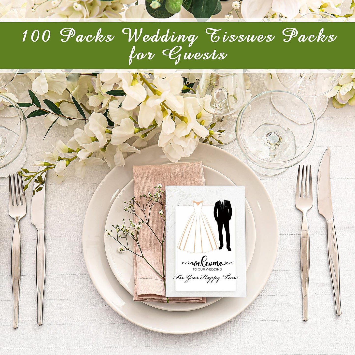 Beeveer Happy Tears Tissue Packs for Wedding 1 Wood Sign 100 Pcs 3 Ply for Your Happy Tears Wedding Tissues for Hotel Guests Party Supplies
