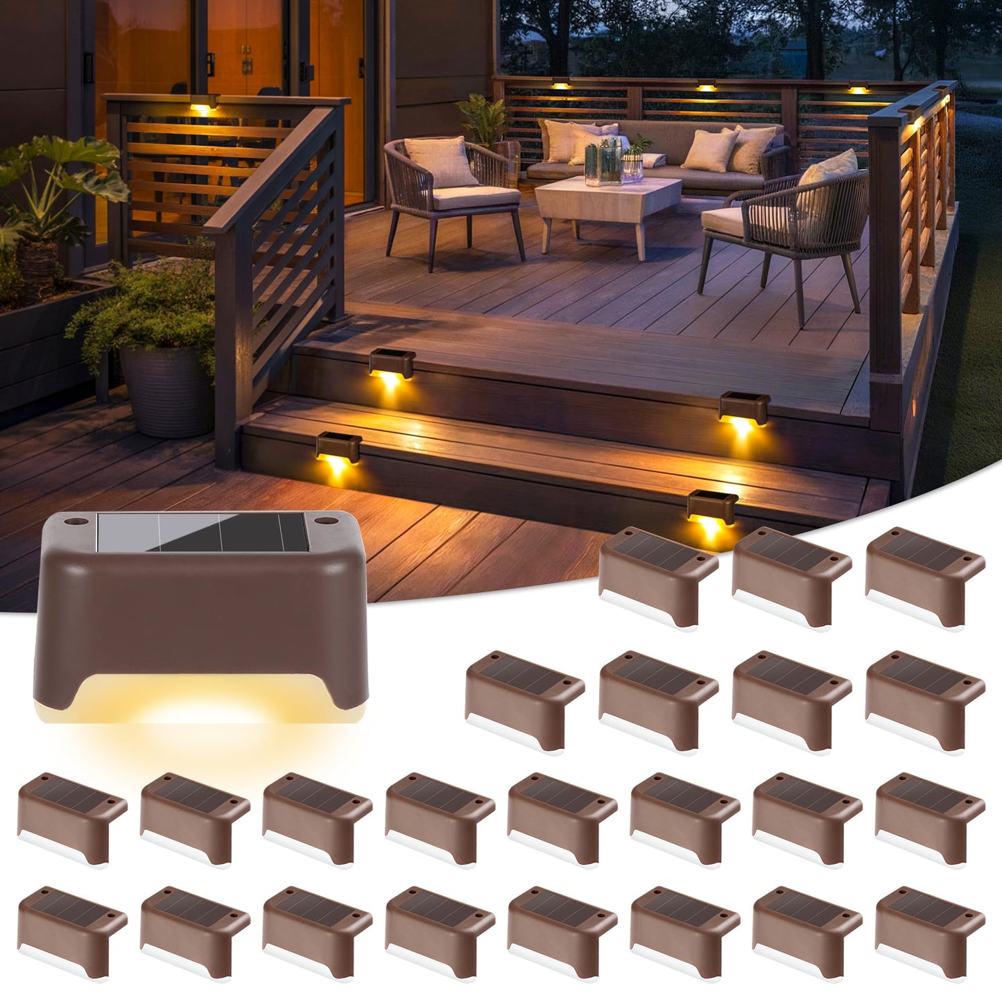 COOZAMING Solar Deck Lights Outdoor,Solar Step Lights Waterproof Led Light for Outside Stair,Fence,Yard,Garden,Patio,and Pathway(24 Pack Warm White)