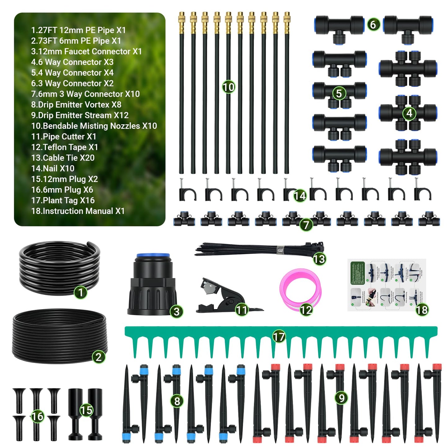 Irrigation System Garden, DIY Automatic Garden Watering Systems with Push-Fit Connectors, Water-Saving Design Sprinkler System, 3 Adjustable Nozzles for Yard, Greenhouse, Lawn & Potted Plants (100FT)