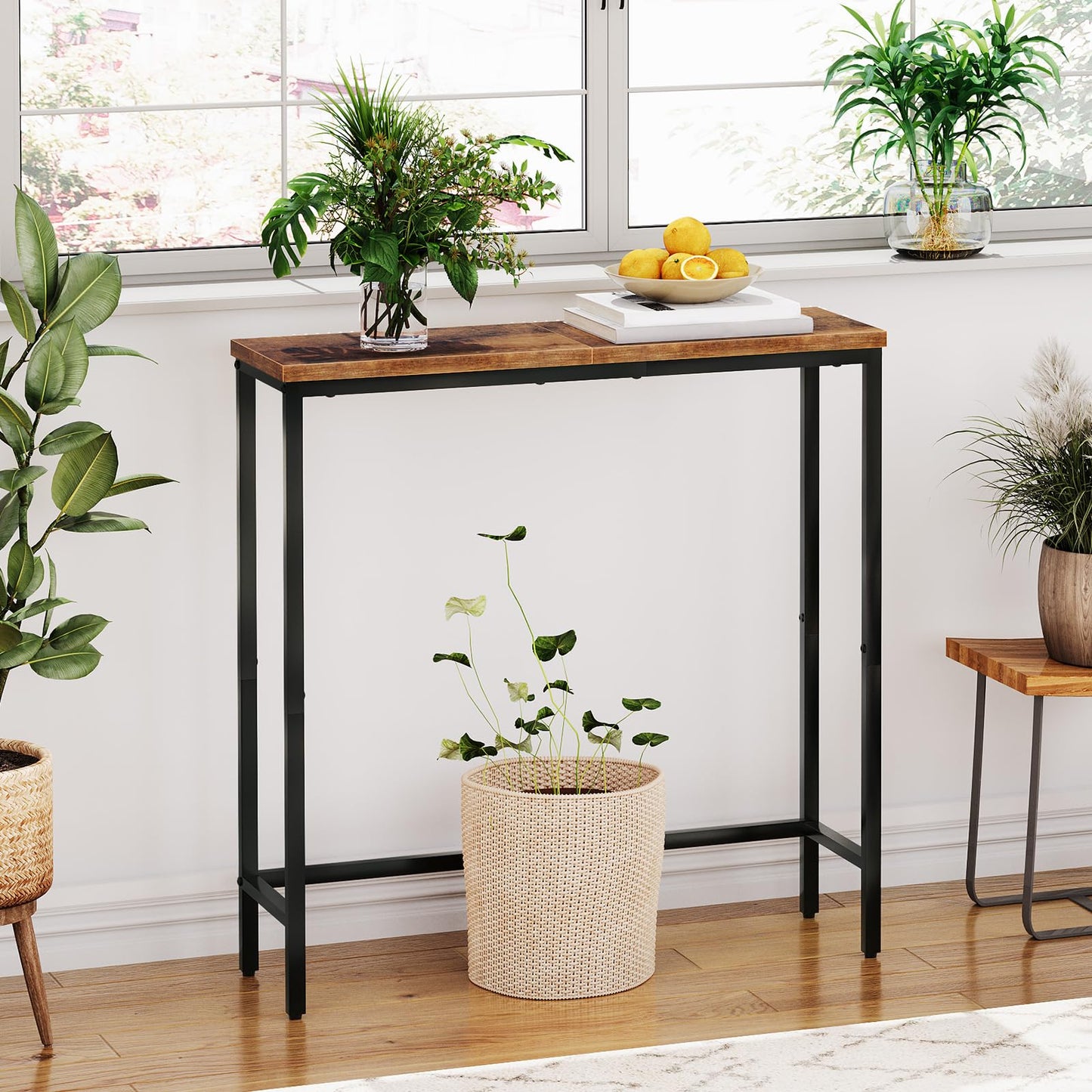 HOOBRO Narrow Console Table, 75 cm Entryway Table, Small Sofa Side Table, Display Table, for Hallway, Bedroom, Living Room, Foyer, Rustic Brown and Black BF75XG01
