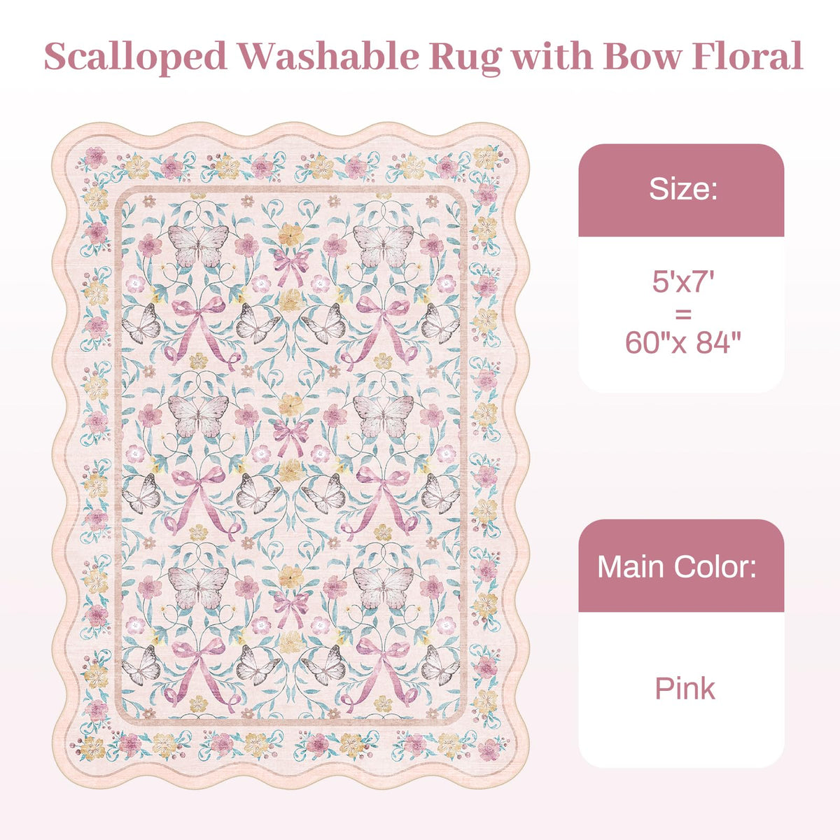 5x7 Pink Nursery Rug for Bedroom, Scalloped Washable Area Rugs for Kids Room, Bow Floral Carpet for Girls Room, Cute Ultra-Soft Non Slip Boho Carpet for Playroom, Dorm (Pink)