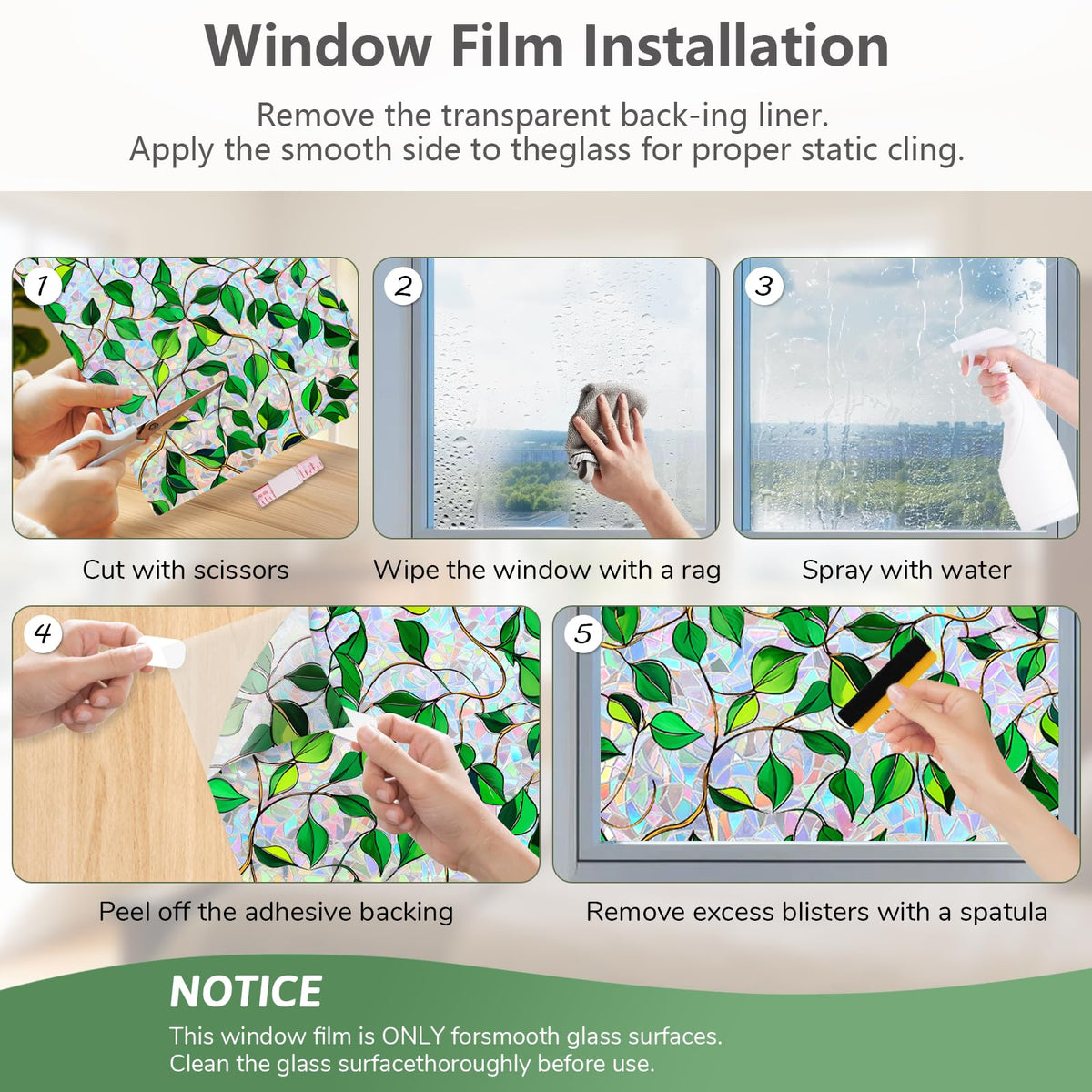 NINETREX Window Privacy Film with Installation Tools, No Glue Stained Glass Static Cling Window Tint 3D Decorative Frosted Leaf Pattern for Door and Home Decor 60 X 200cm