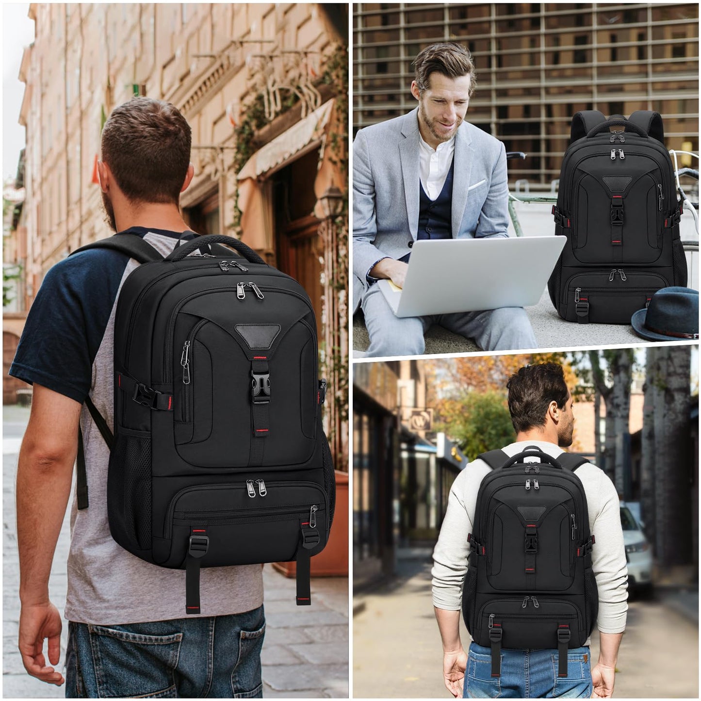 NUBILY Lunch Backpack, 17.3 Inch Laptop Backpack with USB Charging Port 50L Travel Backpack for Men Women Backpack with Insulated Cooler Bag Waterproof Computer,Black Backpack for College, Work