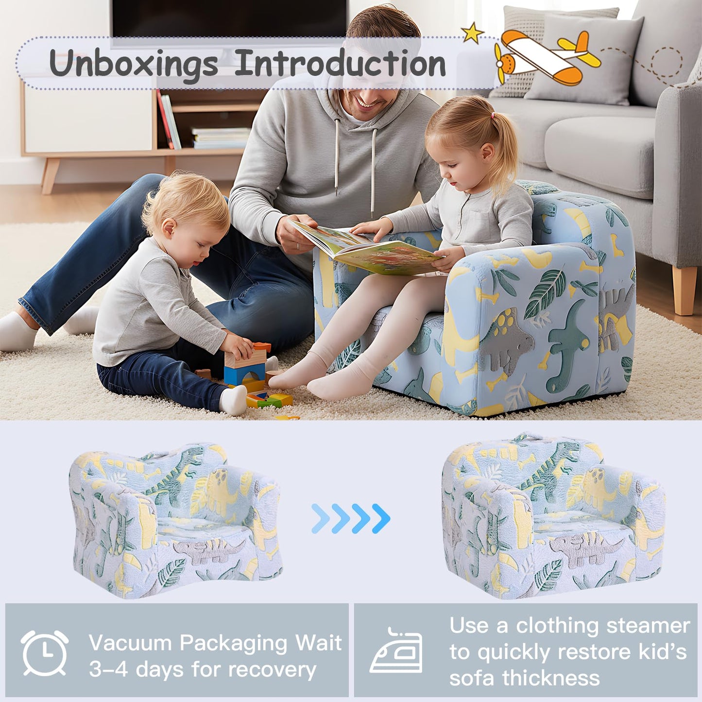 Tiita Kids Sofa, Chirldren Couch with Carrying Handle & Side Pockets, Kids Foam Chair, Toddler Armrest Chair, Kids Reading Couch for Girl Or Boy, Grey Dinosaur