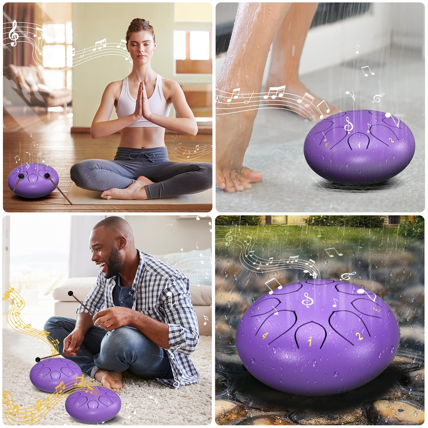 Rain Drum for Outside Garden, 6 Inches 8 Notes Steel Tongue Chakra Drums, Waterproof Meditation Rain Chime, Musical Instruments for Adult Gift with Bag, Music Book, Drum Mallets (Purple)