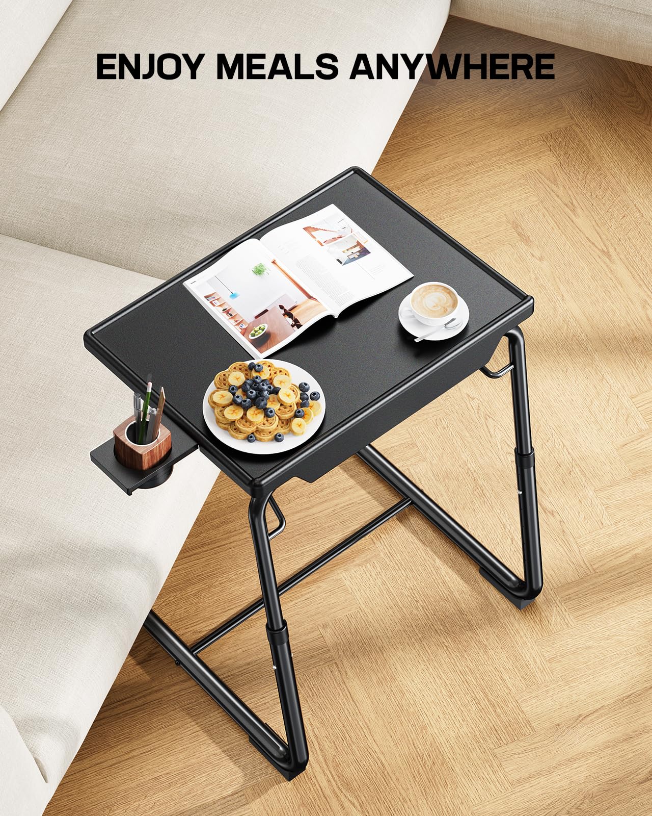 LORYERGO TV Table - TV Dinner Tray,Foldable Couch Table, Food Tray Tables with 6 Height & 3 Tilt Angle, Trays for Eating with Cup Holder, Folding Table for Bed & Sofa (Black)