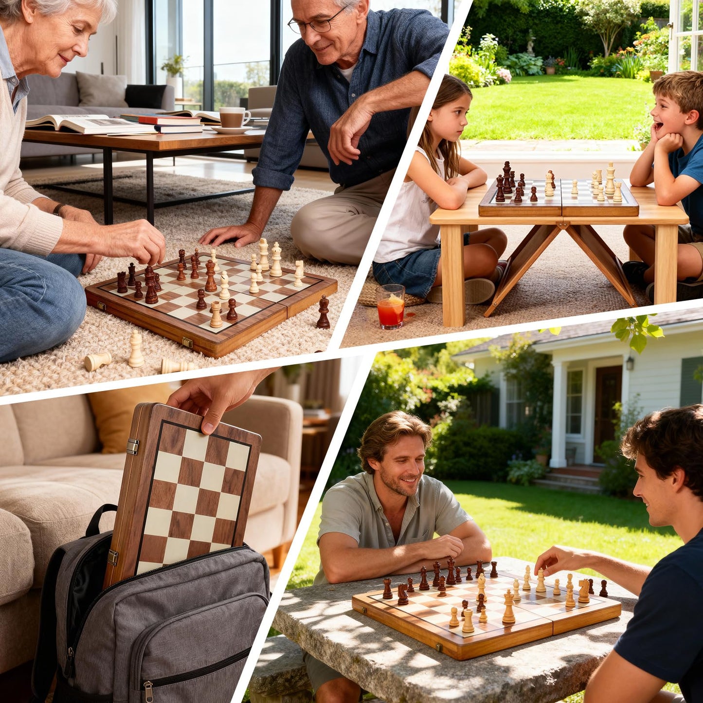 Wooden Magnetic Chess Board Set, 15 inch 2 in 1 Portable Folding Checkers Chess Set with 2 Extra Queen and Carry Bag Handmade Large Chess Game