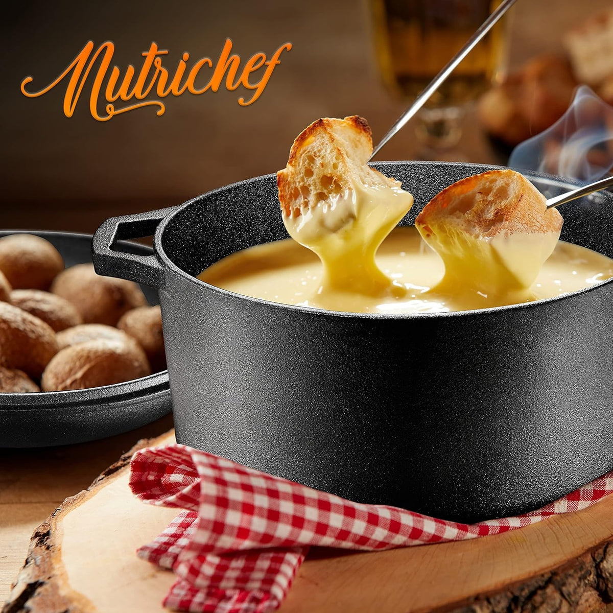 NutriChef Cast Iron Double Dutch Oven Multi Cooker, Pre-Seasoned 3.5 Qt Dutch Oven Pot with Lid Skillet, Heavy-Duty Nonstick Cookware for Baking, Roasting & Braising, Black