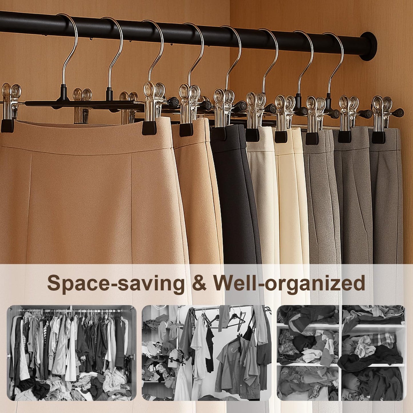 POZEAN Pants Hangers with Clips 30Pack, 12Inch Adjustable Skirt Hangers for Women, Space Saving Non-Slip Hangers for Shorts, Jeans, Coat, Kids' Clothes (Black, 30Pack)
