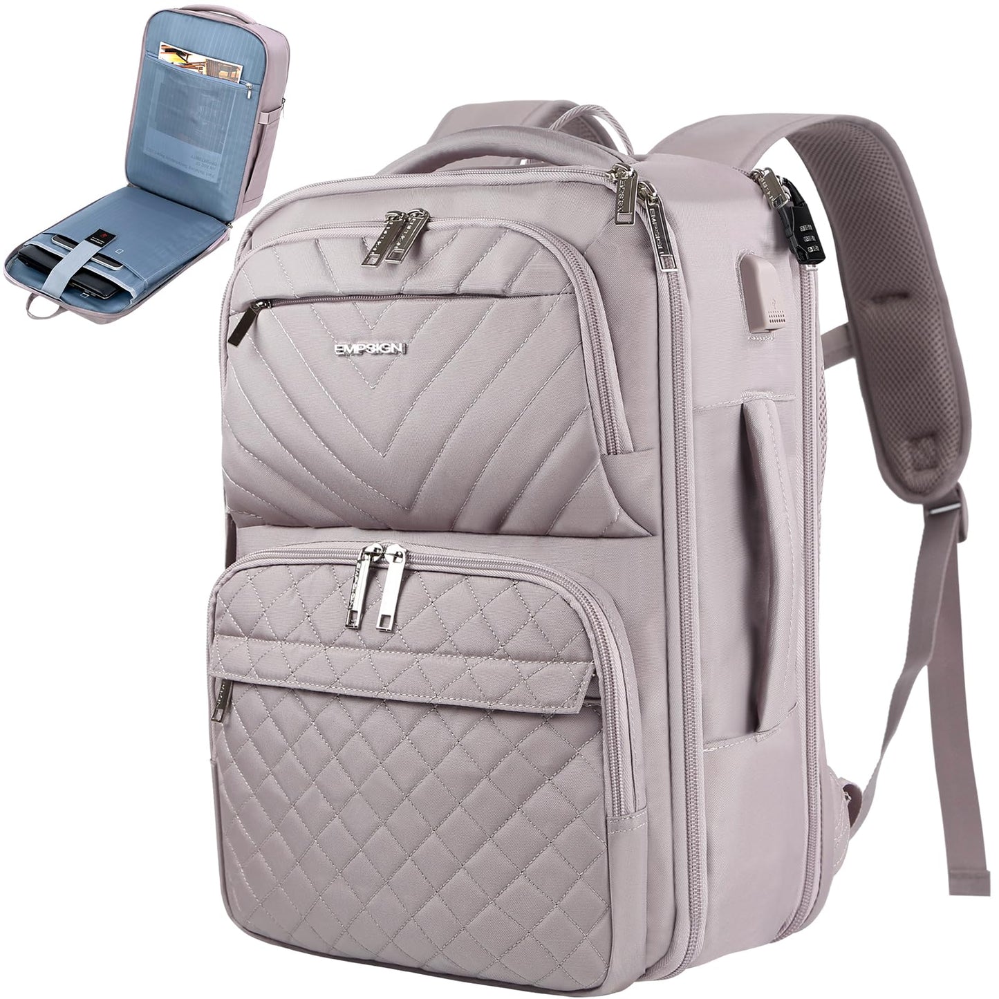 EMPSIGN Travel Backpack for Women, Large Carry On Backpack Airline Approved Personal Item Travel Bag, 17 inch TSA Friendly Laptop Backpack with USB Port, Casual Daypack Business Backpack, Grey Pink