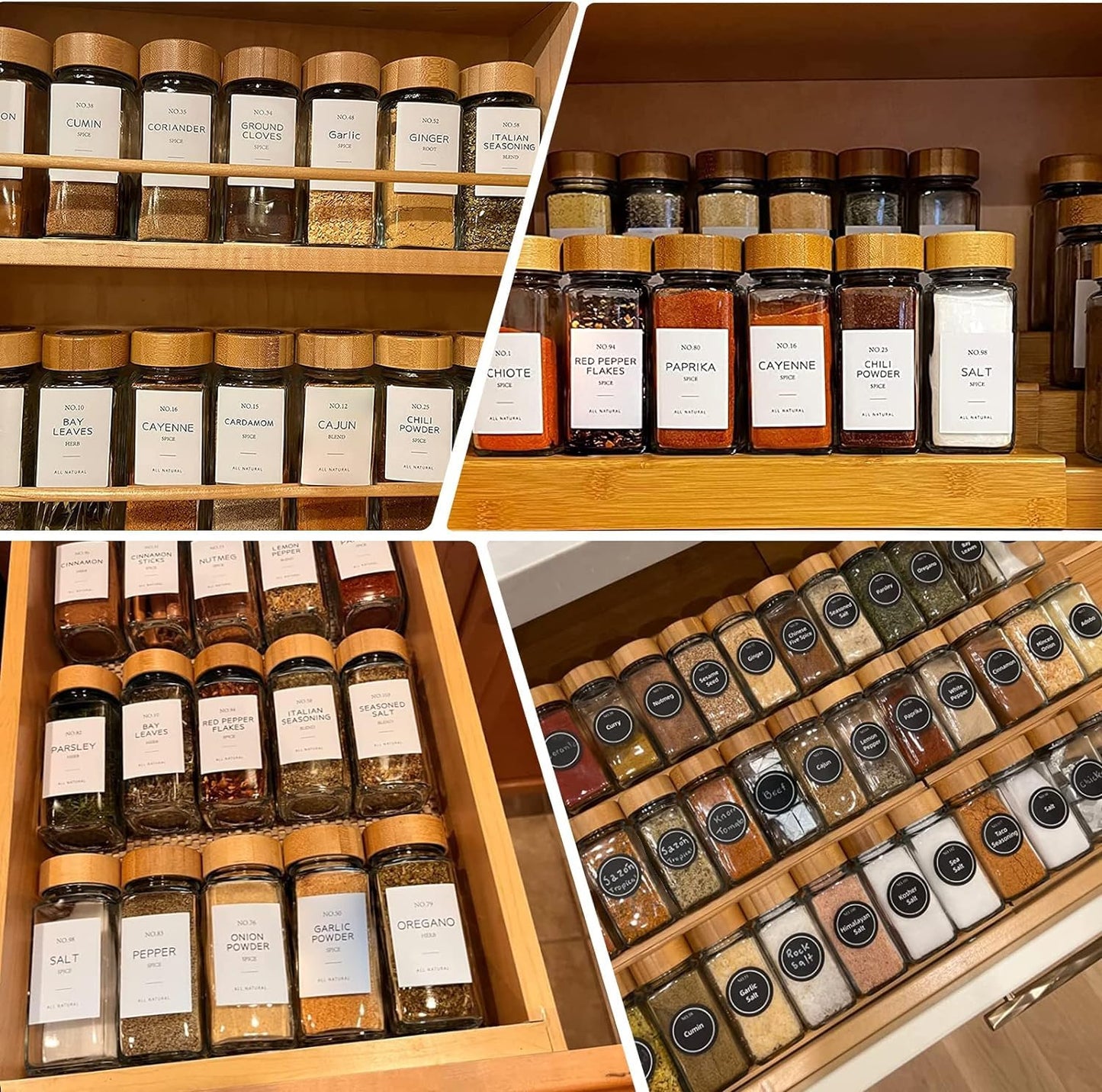 AOOEVAL 24 Pcs Spice Jars with Bamboo Lids and Spice Grinder,4 oz Glass Spice Organizer with 336 Spice Labels, Spice Funnel,Chalk and Brushes,Containers Bottles Great for Spice & Herb