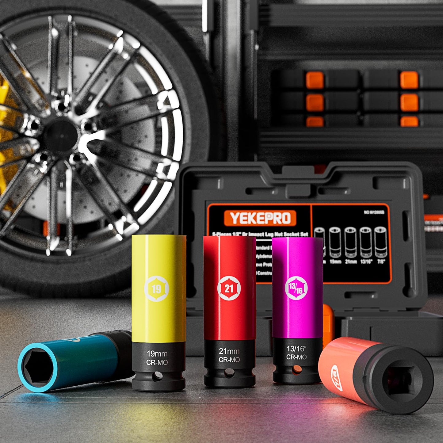YEKEPRO 5 Pieces 1/2 inch Drive Impact Lug Nut Socket, Metric/SAE 17mm 19mm 21mm 13/16’’ 7/8’’ Thin Wall Deep Socket Set with Non-Marring Wheel Protectors