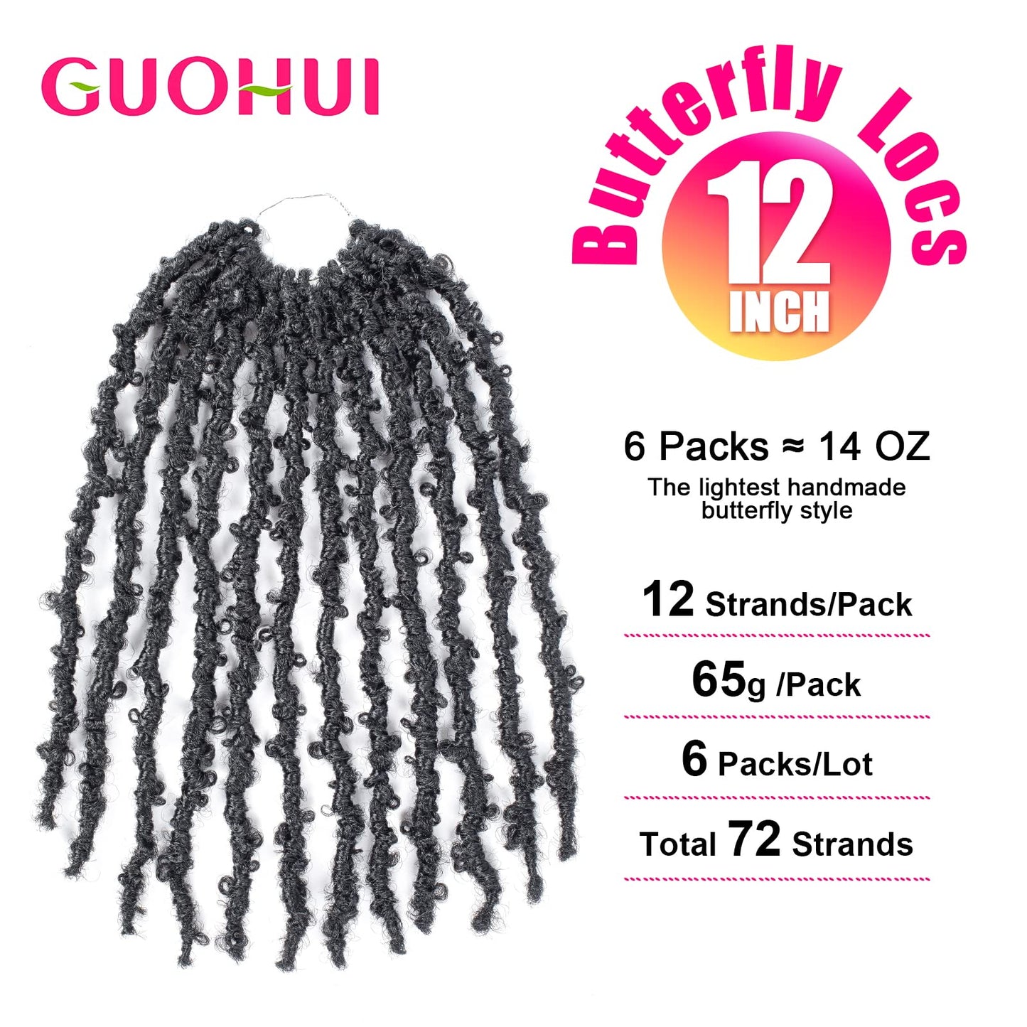 GUOHUI Super Light Butterfly Locs Crochet Hair 12 Inch 6 Packs Pre-Looped Soft Distressed Faux Locs Braids for Women Kids (12 Inch,1#)