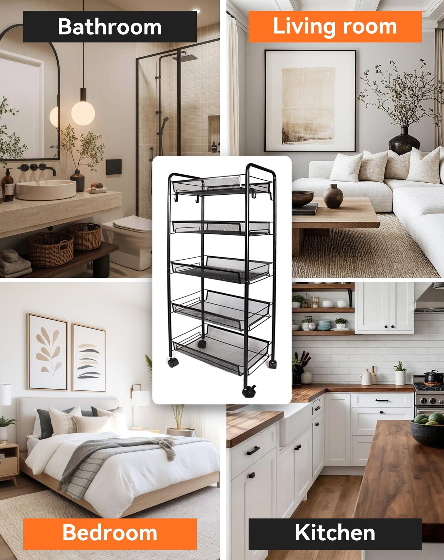 5-Tier Rolling Kitchen Trolley with Wheels - Sturdy Metal Storage Cart for Kitchen, Bathroom, Home Office, Space-Saving Organiser, Slim Mobile Rack for Fruits, Vegetables, Spices (Black, 44x27x105cm)