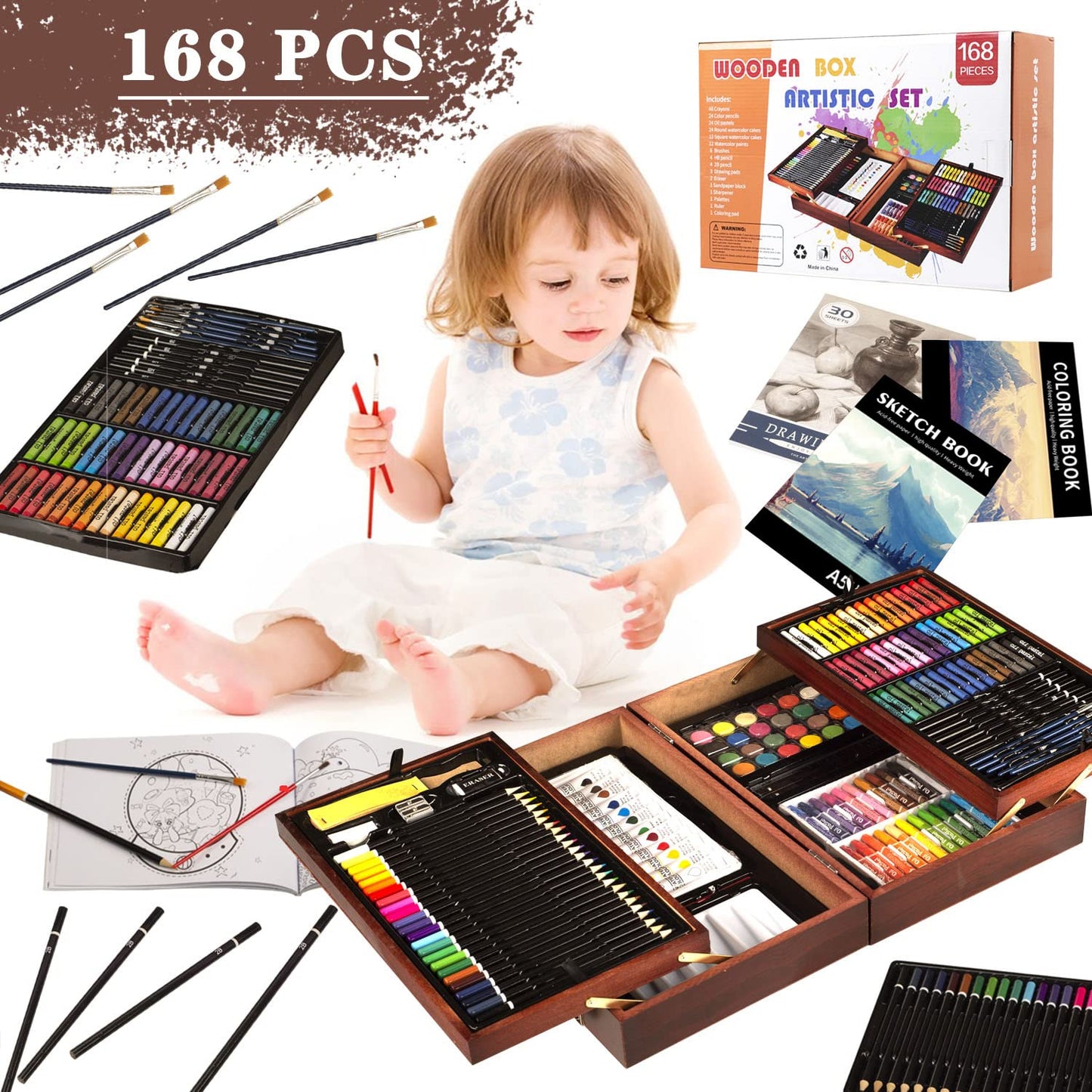 KINSPORY Art Supplies, 168-Pack Deluxe Creative Christmas Gift, Wooden Art Set Crafts Drawing Painting Coloring Kit with 1 Coloring Book, 2 Sketch Pads for Artist Beginners Kids Girls Boys (Deep Brown)