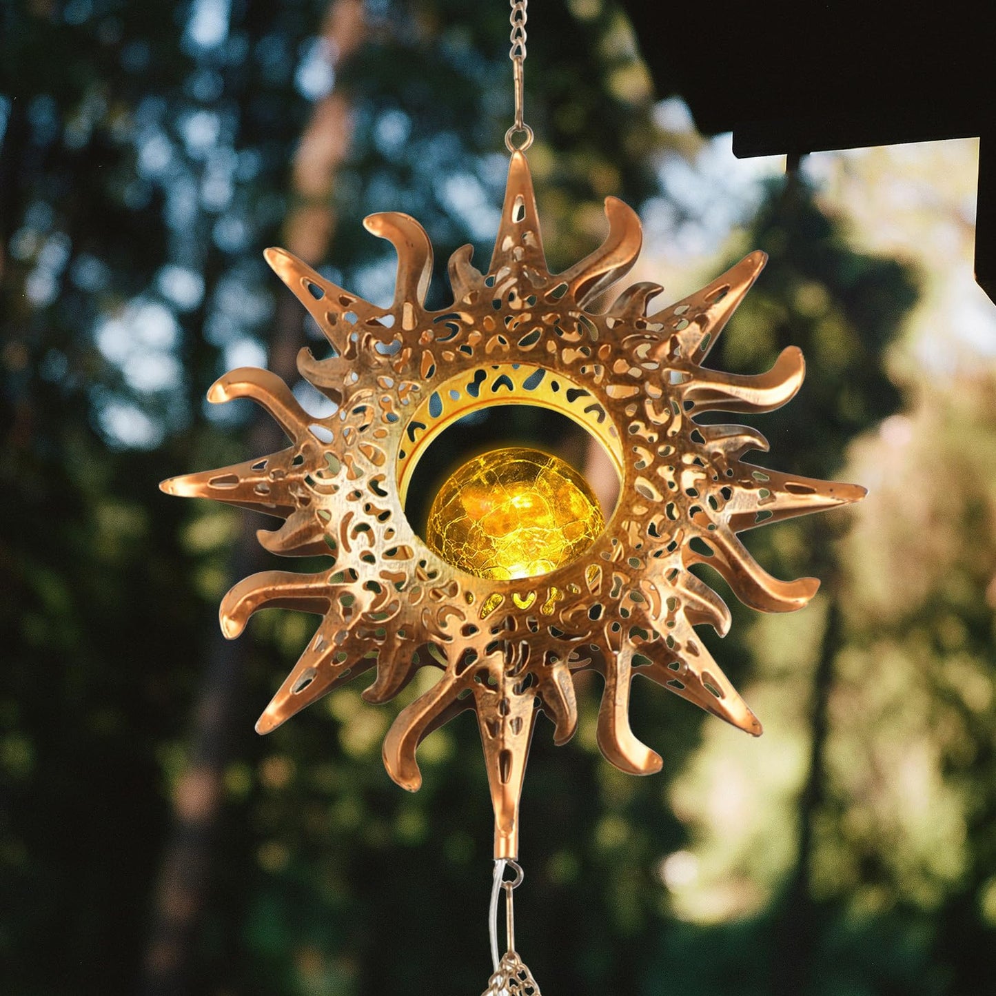 Fohil Solar Wind Chime,Sun Crackle Glass Ball Solar Powered Wind Chimes with Deep Tone for Hanging Outside Decor,Solar Light Outdoor Waterproof for for Mom Women Grandma Garden Spiritual Gifts