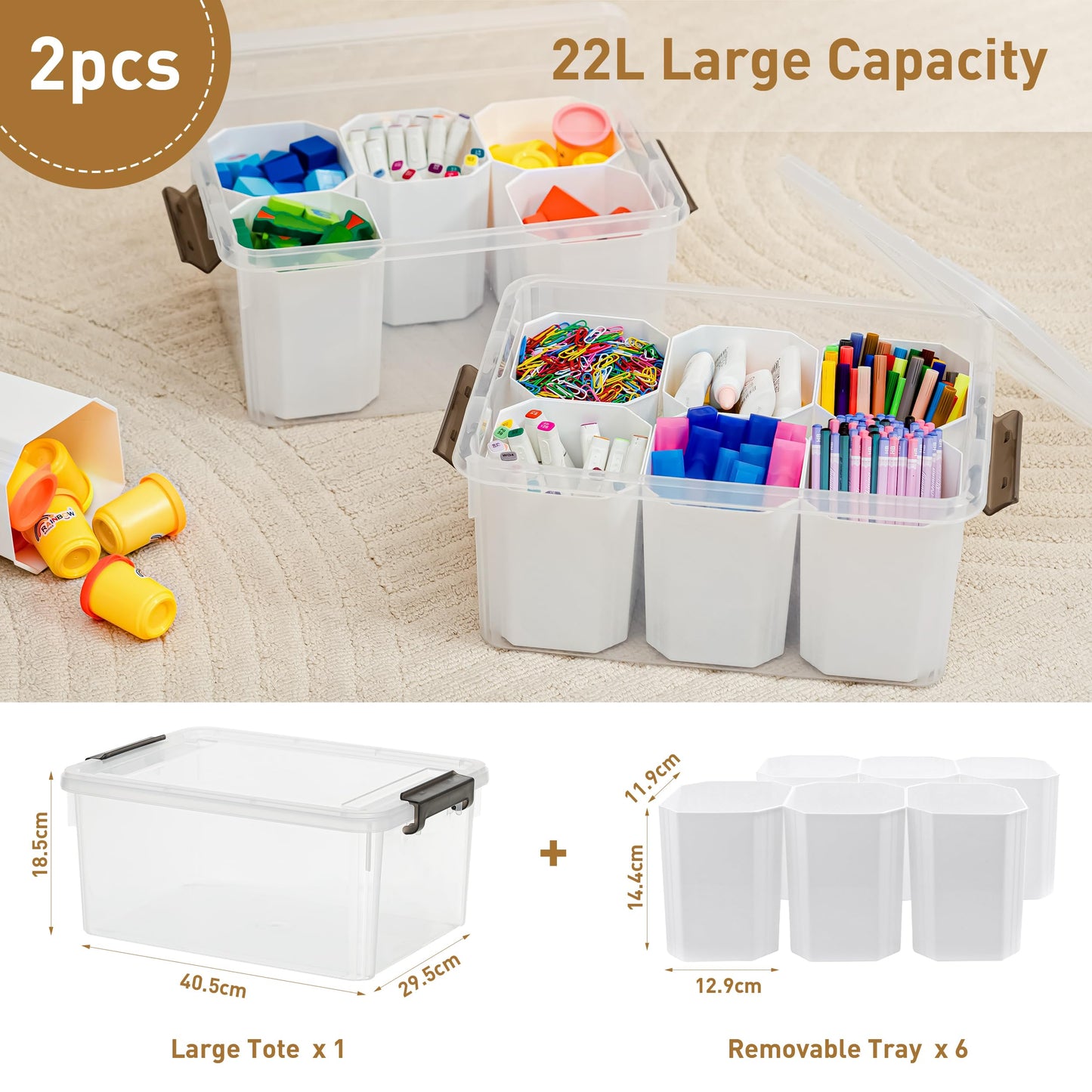 Citylife 17 QT Plastic Storage Bins with 6 Detachable Inserts Clear Storage Box with Lids Multipurpose Stackable Storage Containers for Organizing Crayon, Lego, Craft, 2 Packs