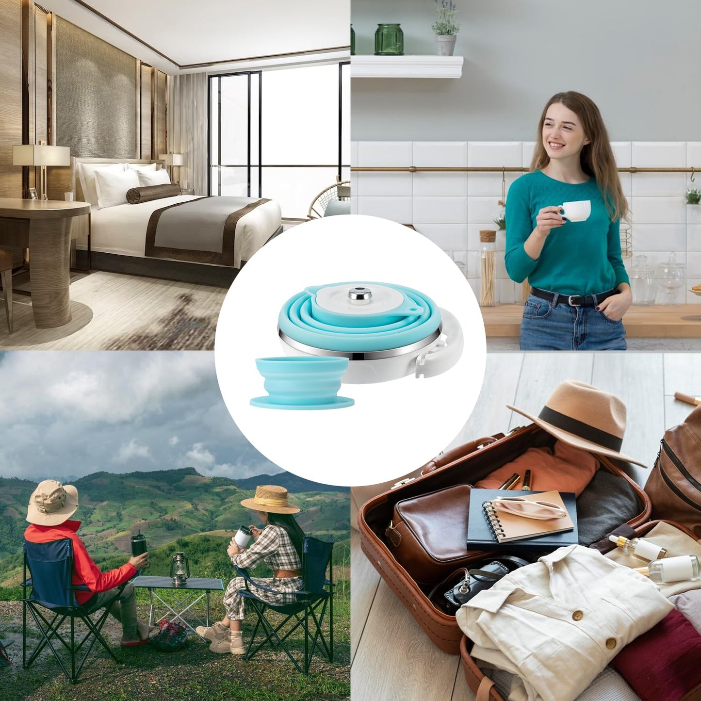 Travel Foldable Electric Kettle Portable Food Grade Silicone Collapsible Kettle 110-220V US Plug, 555ML Hot Water Boiler & Camping Silicone Collapsible Pour Over Coffee Dripper Paperless Coffee Filter